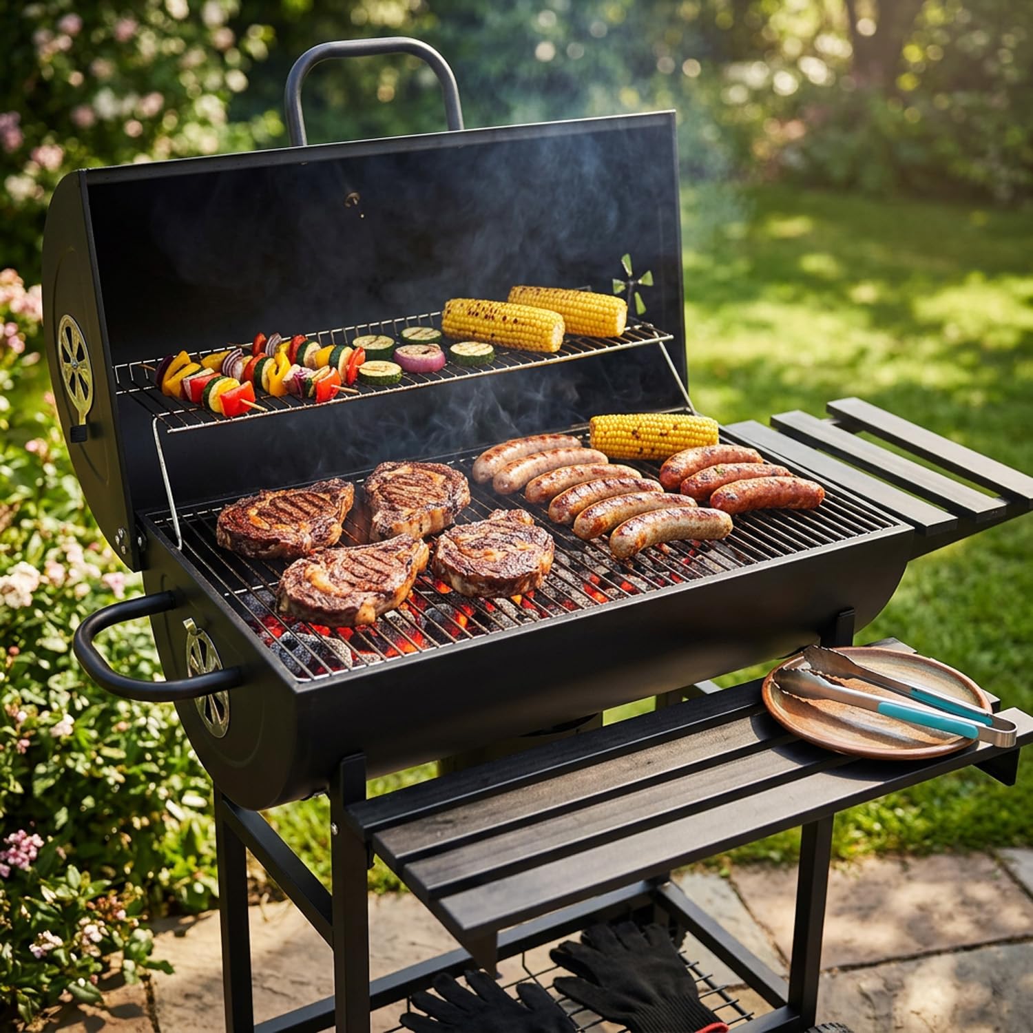 BRICOZONE Barbecue A Carbone Con Coperchio Termometro Integrato Grill BBQ In Acciaio Con Ruote Ripiani E Ventilazione Regolabile Pinza E Guanti Ideale Per Giardino Terrazzo E Balcone Cm Nero