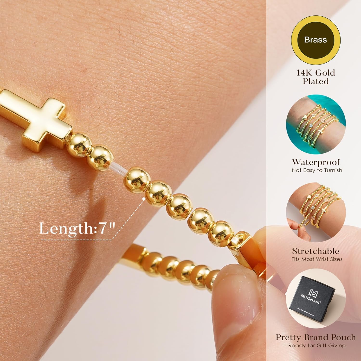 M MOOHAM Gold Beaded Bracelets for Women, 14K Gold-Plated Dainty Cross Puffy Heart Round Cubic Zirconia Stretch Bead Ball Bracelet for Women Trendy Women's Jewelry Gifts - Image 7