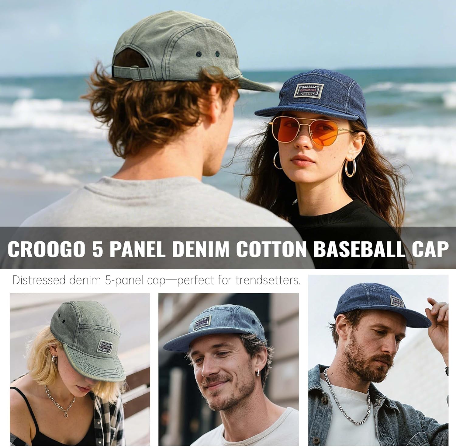 Croogo 5 Panel Baseball Cap Denim Cotton Dad Hats Classic Flat Bill Caps Casual Snapback Cap Vintage Cityboy Style Camp Cap - Image 7