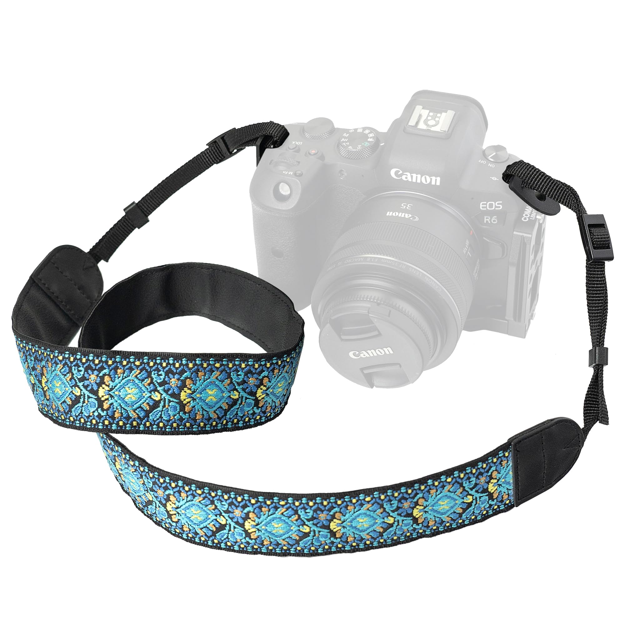 waka Camera Strap for All DSLR/SLR Cameras, Vintage Embroidered Double Layer Universal Neck Shoulder & Crossbody Strap for Canon Nikon Sony Compatiable, Gifts for Photographers, Blue