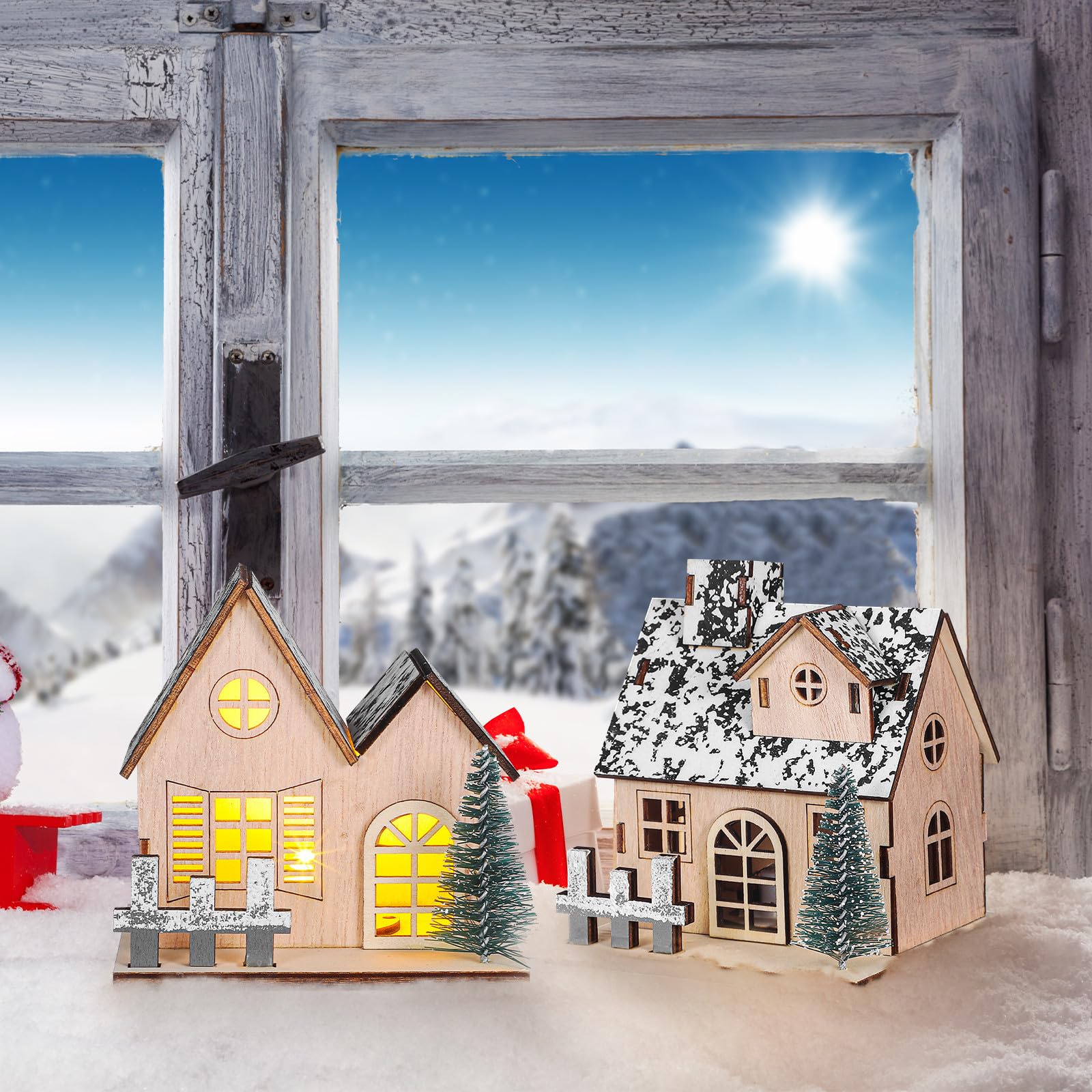 UPKOCH 3 Piezas Casas Iluminada Luces de Madera, Navideñas Led Pueblo de Decoración Rústica Festivas y Diseño Tradicional y Funcionalidad para Cenas Talleres Creativos