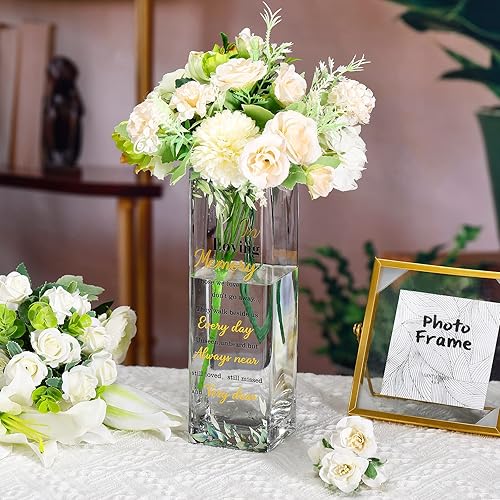 Miniatura 4 de Hoolerry Jarrón de cristal conmemorativo con tema botánico con versículo de condolencias, transparente, rectangular, 3.15 x 3.15 x 9.84 pulgadas,
