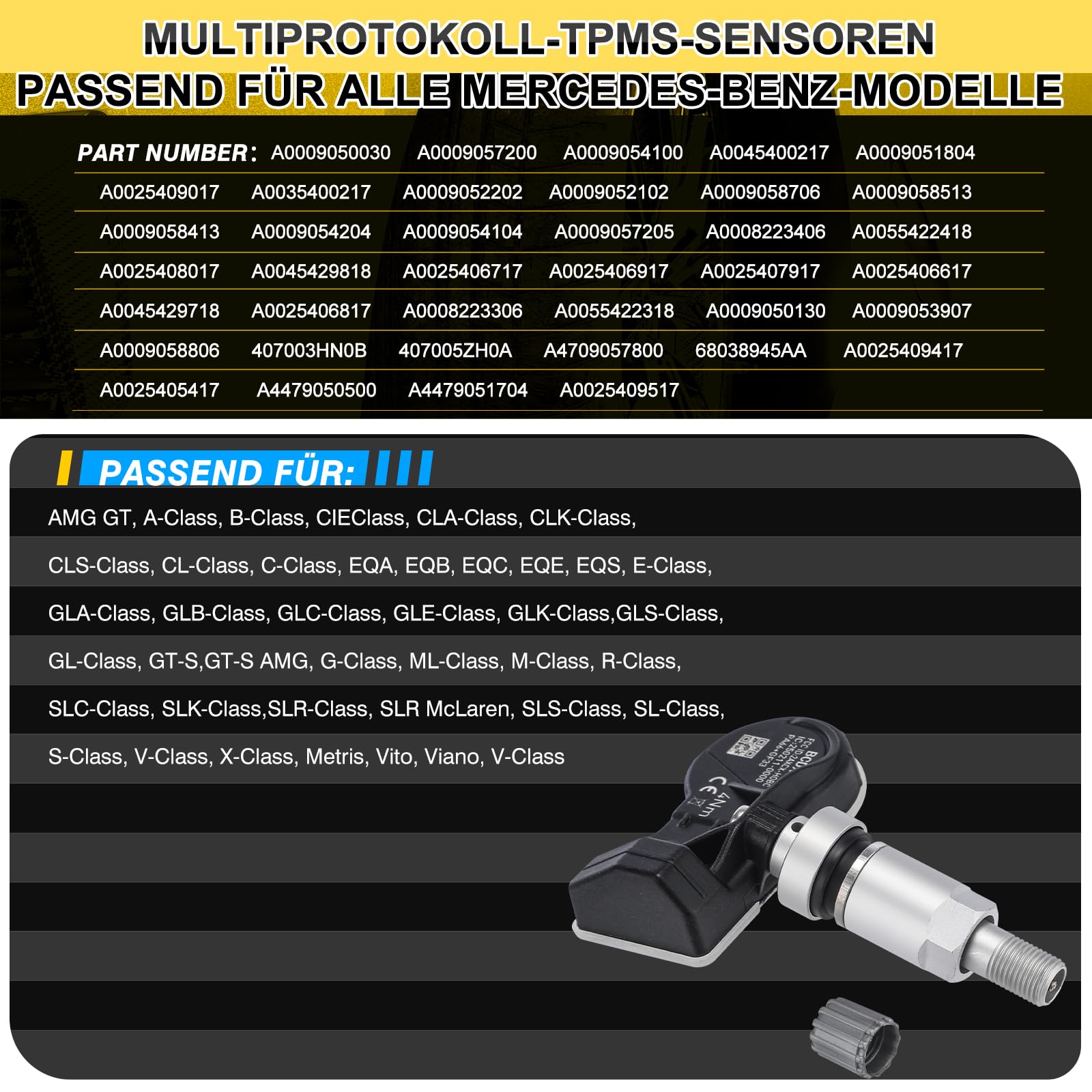 Reifendrucksensor Multiprotokoll TPMS Sensor RDKS Passend für Mercedes-Benz A B CLA CLK CLS GLA GLS AMG R SLR S V CLASS für fast alle Modelle A0009050030 A0025409017 A0009058413, 4 Stück