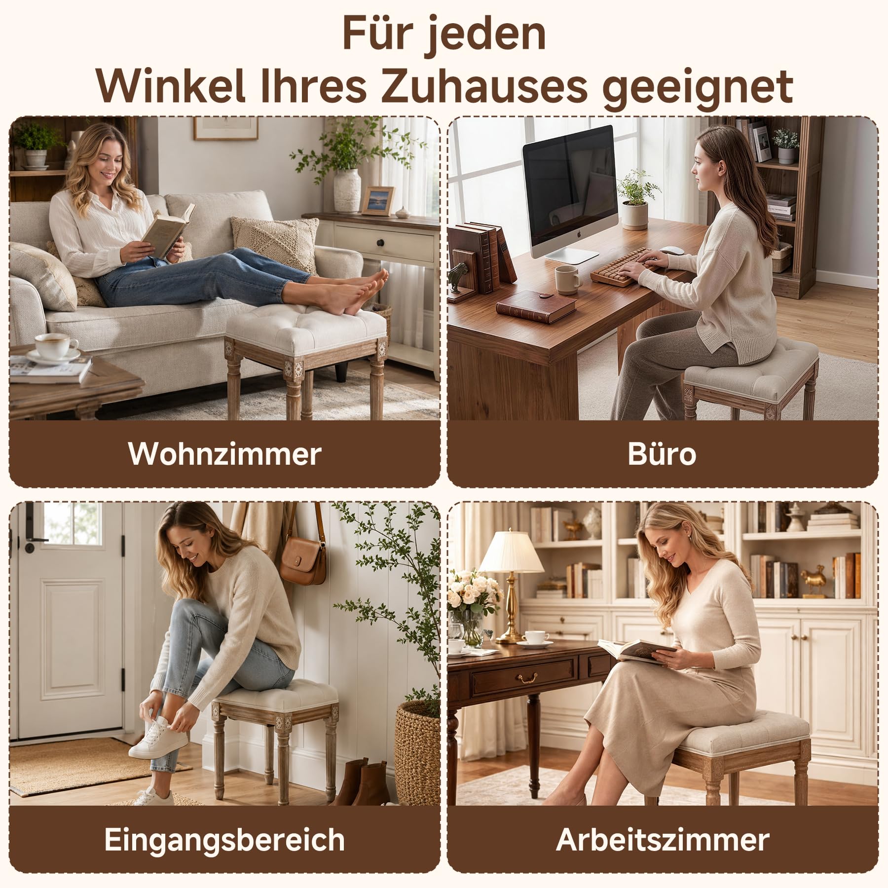 Schminkhocker Landhaus, Hocker für Schminktisch, Sitzhocker Samt, Klavierhocker Kosmetikhocker, Polsterhocker für Schlafzimmer, 40 * 30 * 46cm, Massivholzbeine, Beige