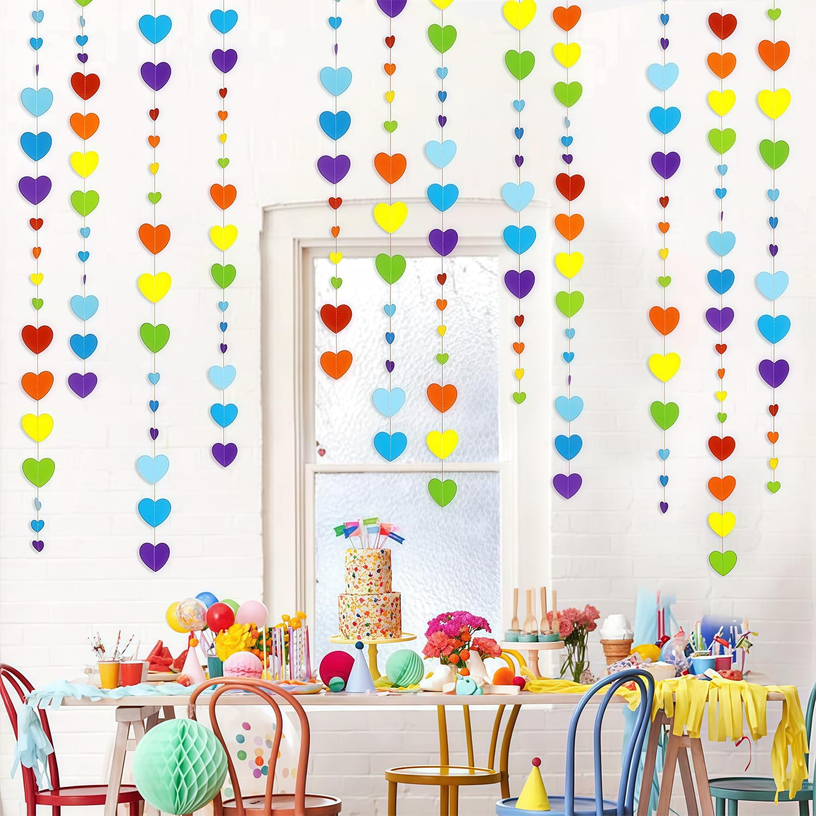Solihigh 40 Ft Rainbow Heart Garland, Colorful Hanging Paper Heart Banner for Birthday Wedding Bachelorette Engagement Baby Shower Valentines Day Party Decorations
