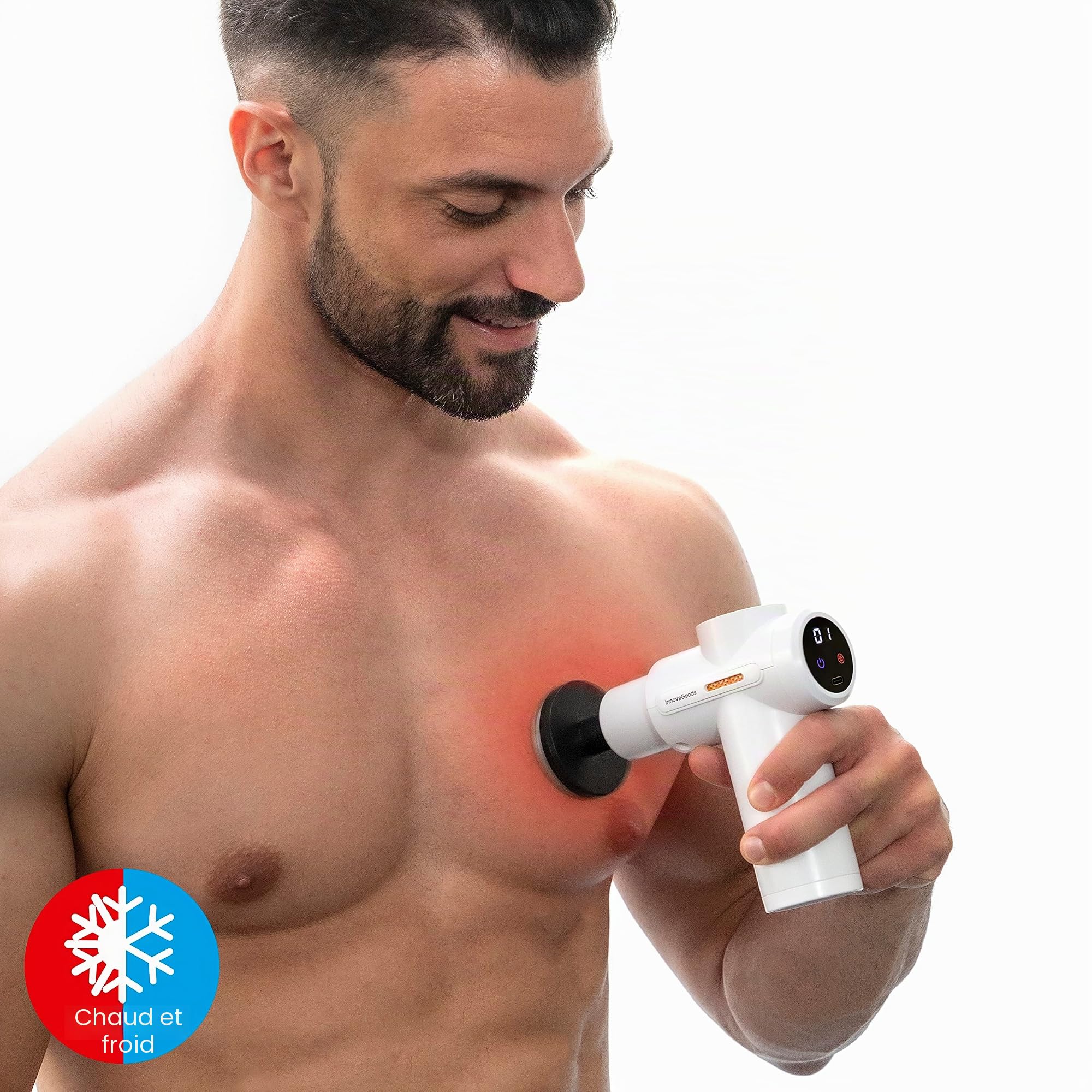 InnovaGoods - Pistolet de Massage Musculaire Chaud et Froid, 6 Vitesses Silencieuses, Écran LCD Tactile, 6 Têtes Interchangeables, Rechargeable et Portable, Blanc/Noir, Acrylonitrile Butadiène Styrène