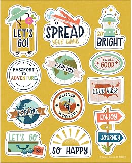 Carson Dellosa Let's Explore Think Positive Stickers, 72 Inspirational Stickers for Classroom Supplies, Game and Small Prizes for Kids for Rewards, Travel Theme Sticker Sheet Set, (6 Sheets)