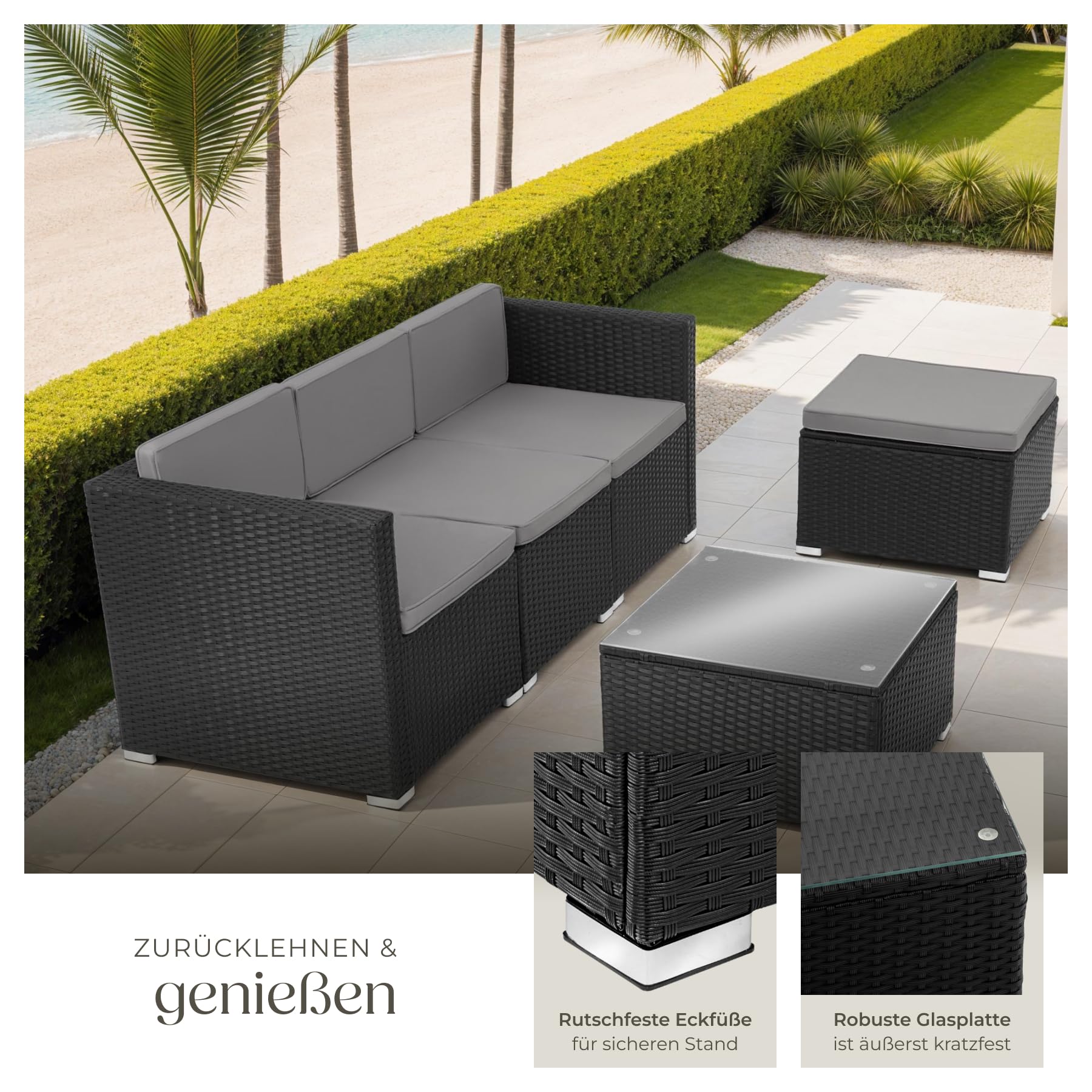 tectake® Poly Rattan Lounge, Outdoor Sitzgruppe, Set mit Sofa Sessel, Hocker, Tisch, frei kombinierbar, Sitzecke für 3-4 Personen, Möbel wetterfest für Garten Terrasse Balkon - schwarz
