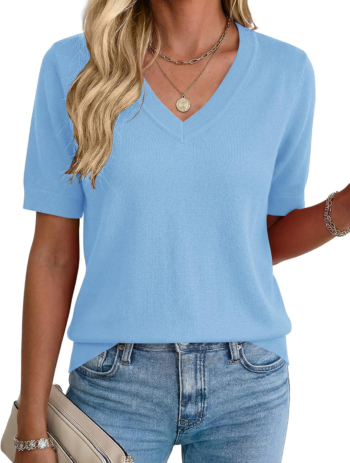 Rapbin Womens Short Sleeve Sweater Summer V Neck Tops Casual Knit Shirts Lightweight Pullover Top