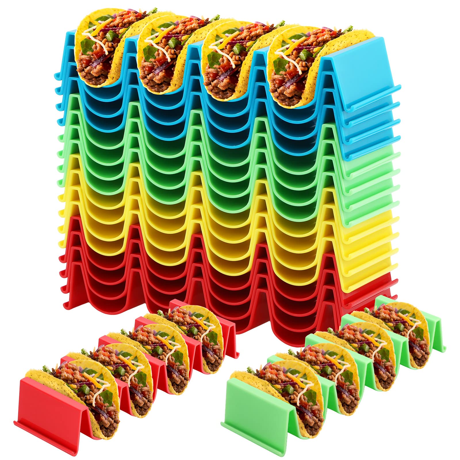 Hoolerry 16 Pcs Colorful Taco Holder Stand Plastic Taco Plate Hold up to 4 Taco Each Hard Sturdy Taco Shell Holder Wave Shape Taco Tray Dishwasher Microwave Safe Taco Rack for Kitchen Serving