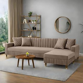 AMATA Omega Solid Wood 4 Seater L Shape Camel Suede Velvet Sofa Set with Four Cushions Perfect for Home Office Guests Living Room (03 Camel, Omega L Shape 4 SSEATER)(3 Year warrantty) - Amazon product rated Grade A