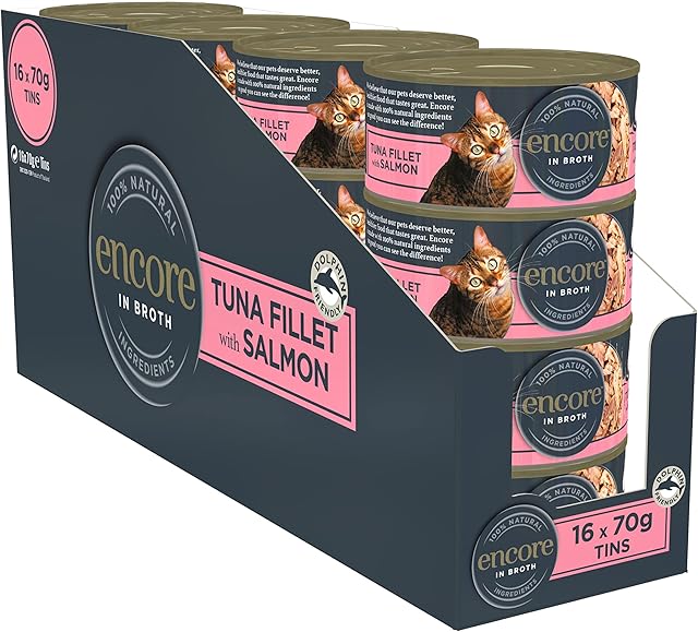 Encore 100% Natural Wet Cat Food, Tuna with Salmon in Broth (Pack of 16 x 70g Tins)