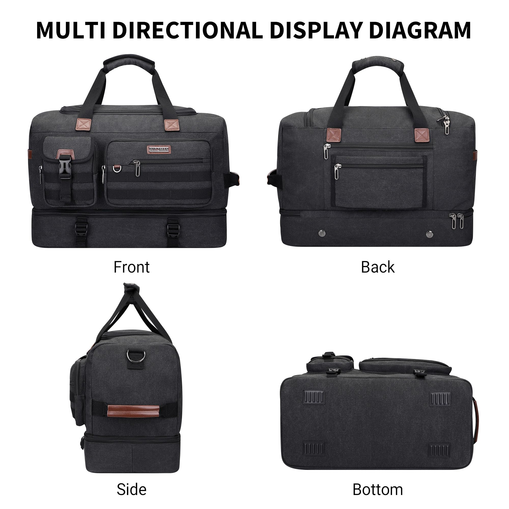 WITZMAN Reisetasche Herren 50L Canvas Wochenendtasche mit Kulturbeutel-Sets | Mit Schuhfach und Nass-Trennfach, Konvertierbar, Handgepäck Flugzeug, Eine für Reisen, Weekender, Sport, A8010/2 Schwarz