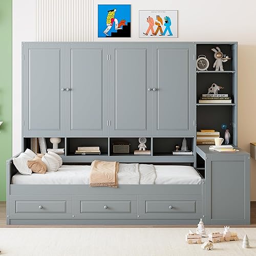 Miniatura 16 de Sofá cama de madera de tamaño matrimonial con armario y estantes todo en uno, marco multifuncional de sofá cama con escritorio convertible y 3