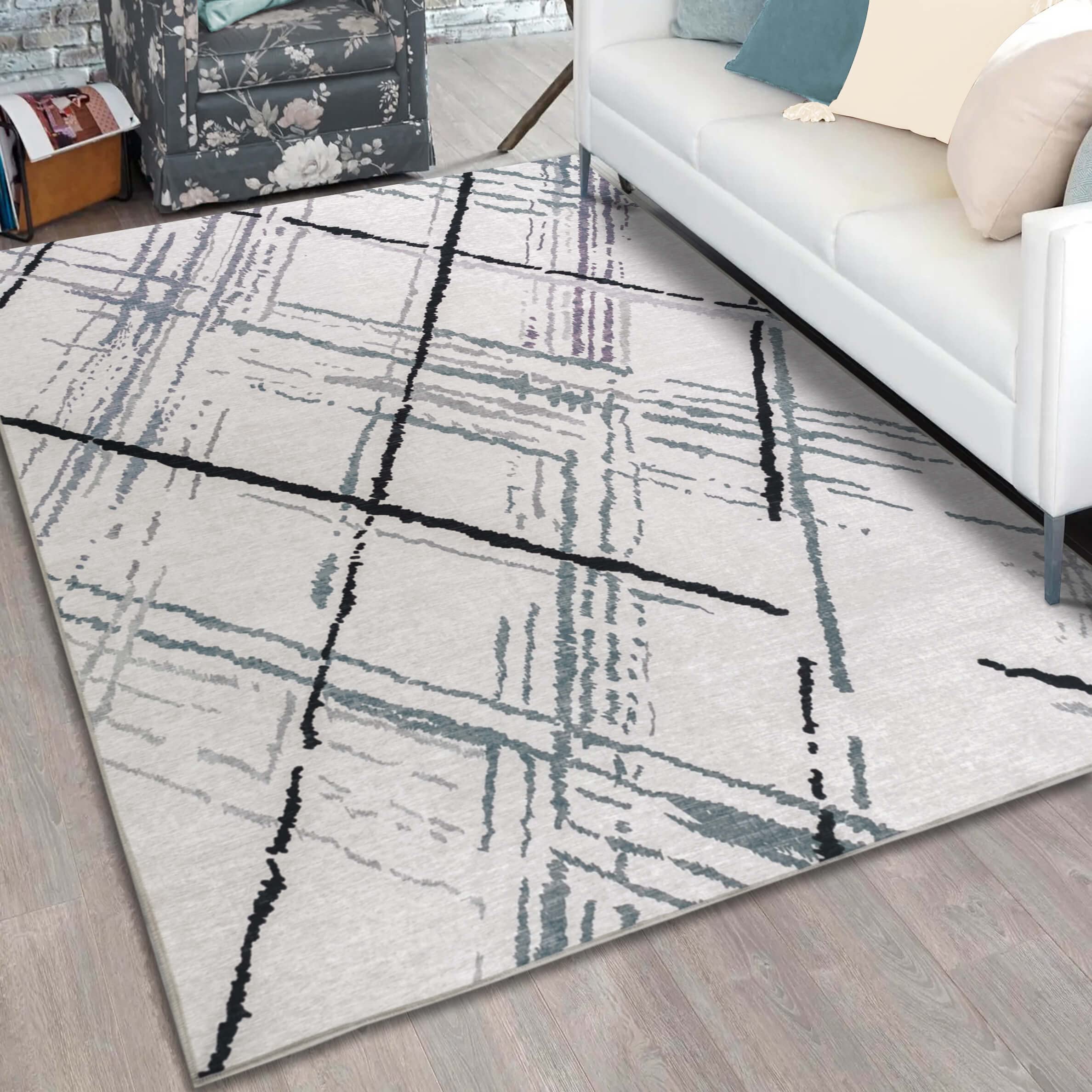 Vernal Machine Washable Non Slip Area Rug for Living Room, Bedroom, Dining Room Pet Friendly High Traffic Non-Shedding Rugs Newark Collection Carpets 5 X 7 Feet Cream/Black