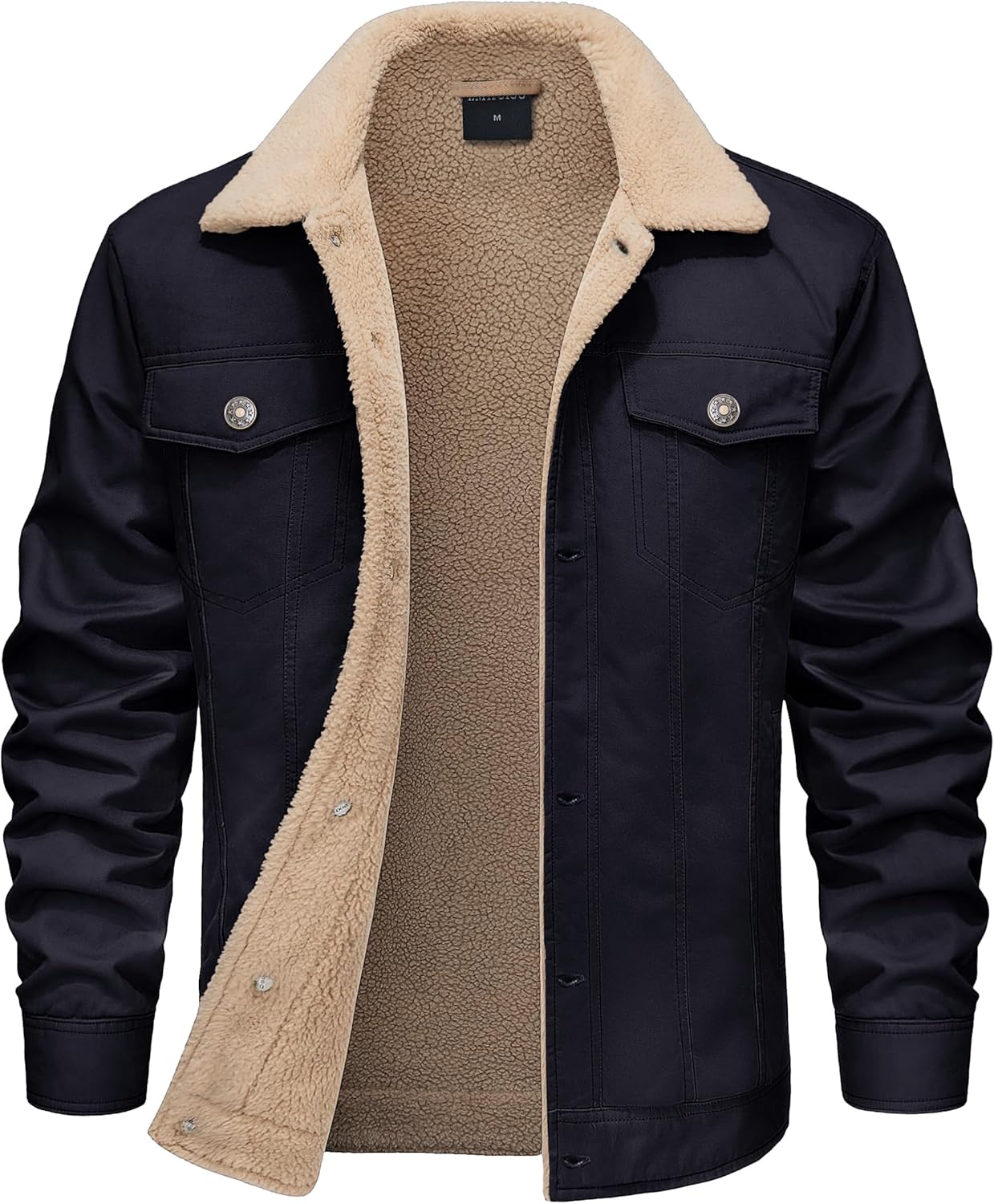 Men's Sherpa Jacket Fleece Lined Cotton Winter Cargo Coat Thick Thermal Warm Trucker Jacket with Multi Pockets