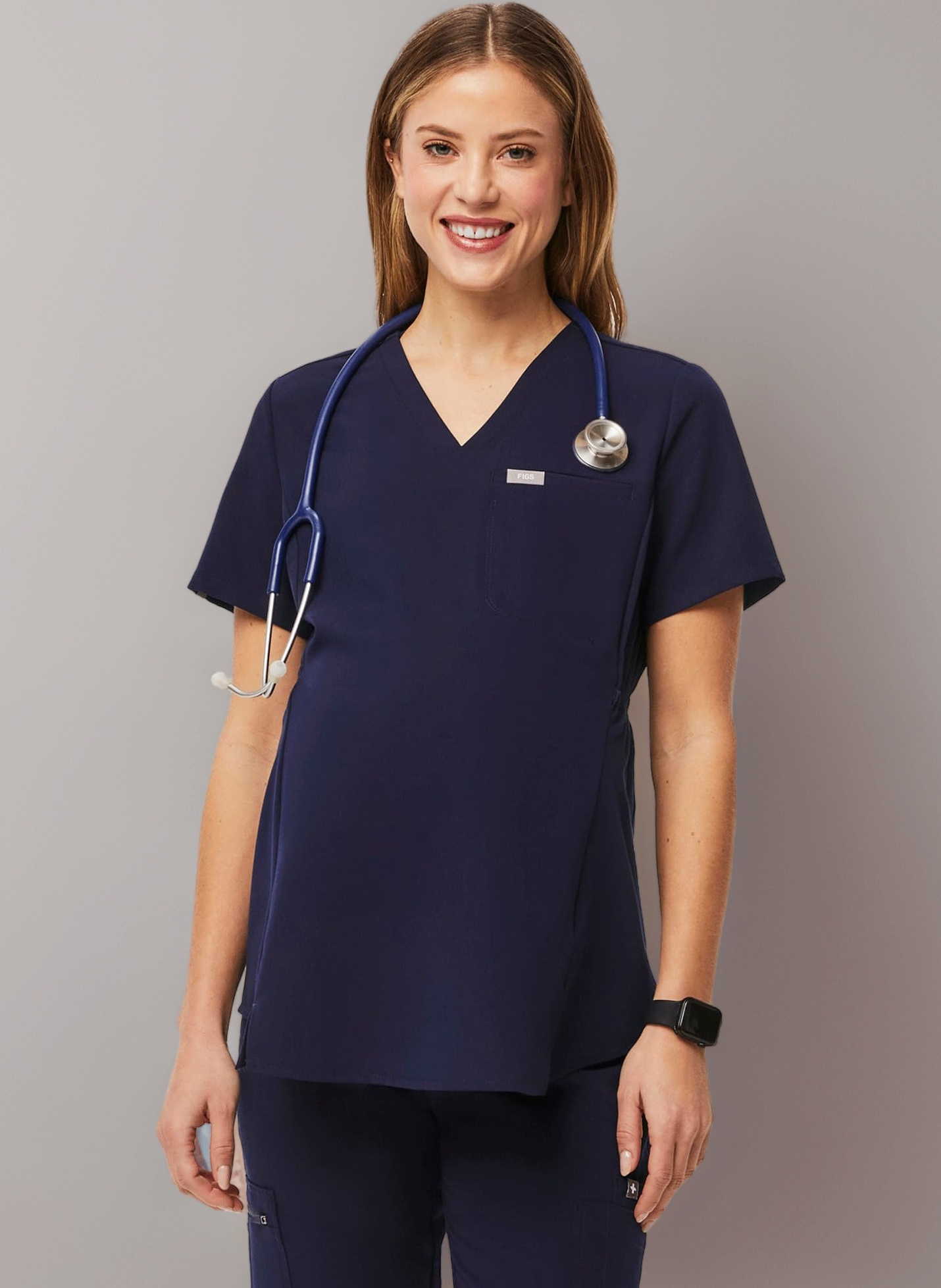 FIGS Octavia Maternity Scrub Top for Women — V-Neck, One Pocket, Curved High-Low Hem, 4-Way Stretch Women's Scrub Top