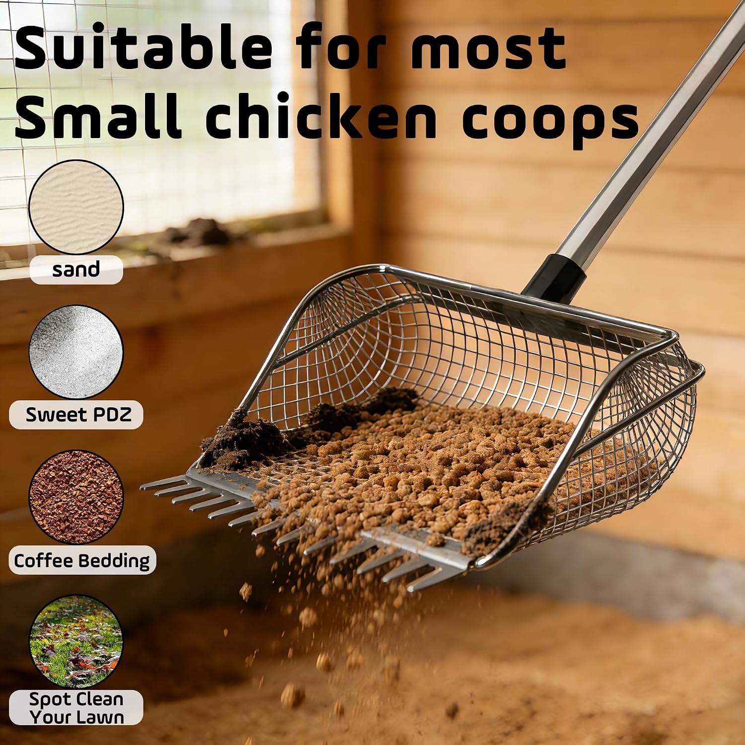 Chicken Coop Scooper for Poop, 2-in-1 Stainless Steel Scoop & Rake,Adjustable Telescopic Lightweight Sand Sifting Shovel Litter for Backyard Poultry Waste Clean