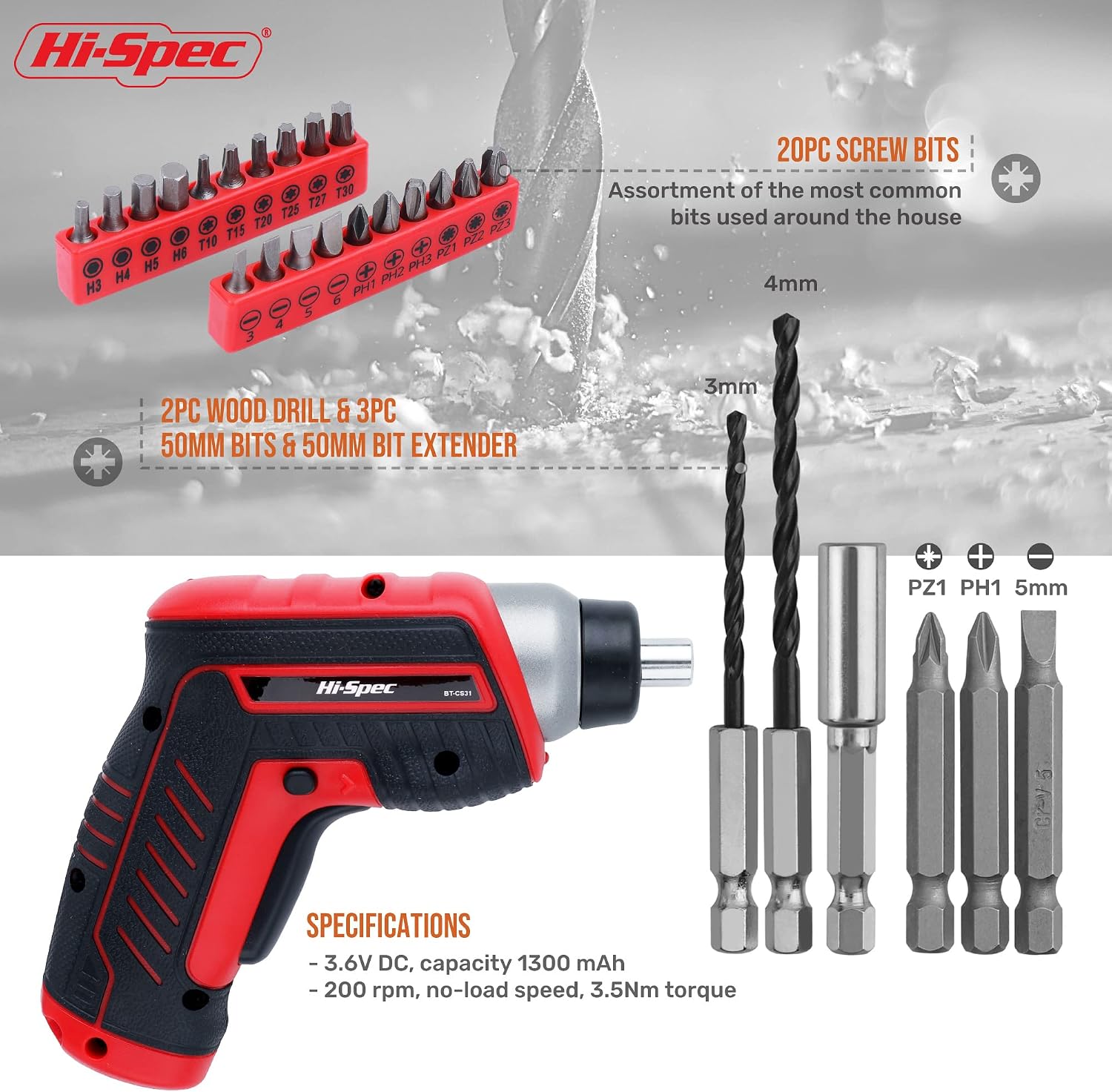 Hi-Spec 27pc 3.6V Red Small USB Power Electric Screwdriver Set. Cordless & Rechargeable with Driver Bit Set