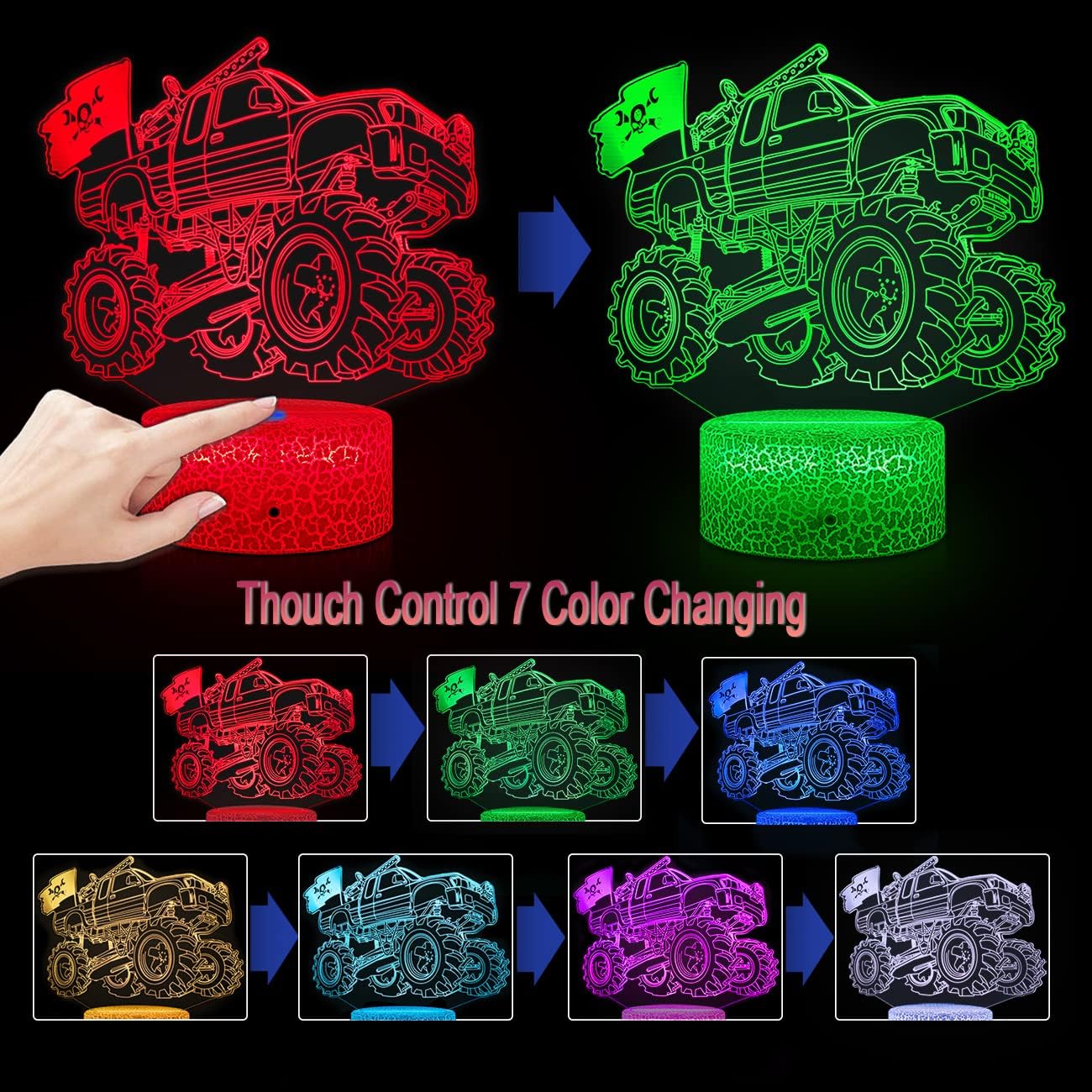 Bigfoot モンスタートラックジャムナイトライト 子供部屋の装飾用 16色変更/リモート&amp;タッチコントロール/3Dイリュ