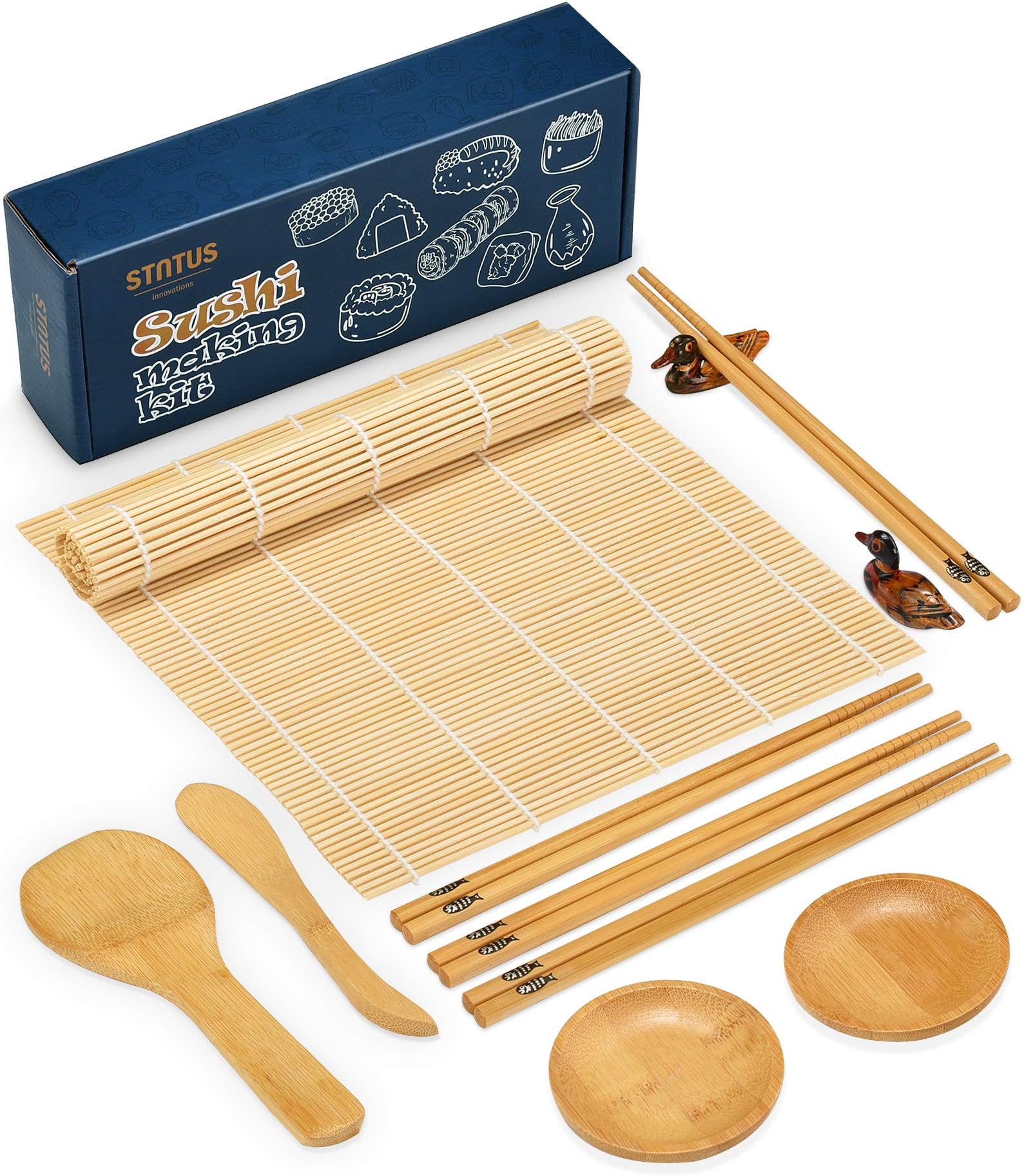 Sushi Making Kit, STNTUS Sushi Mat, Bamboo Sushi Roller Mat, Sushi Kit Gift Set, Sushi Making Kit for Beginners, Bamboo Sushi Rolling Mats, Chopsticks and Holder, Paddle, Speader, Sause Dish, 12 Pcs