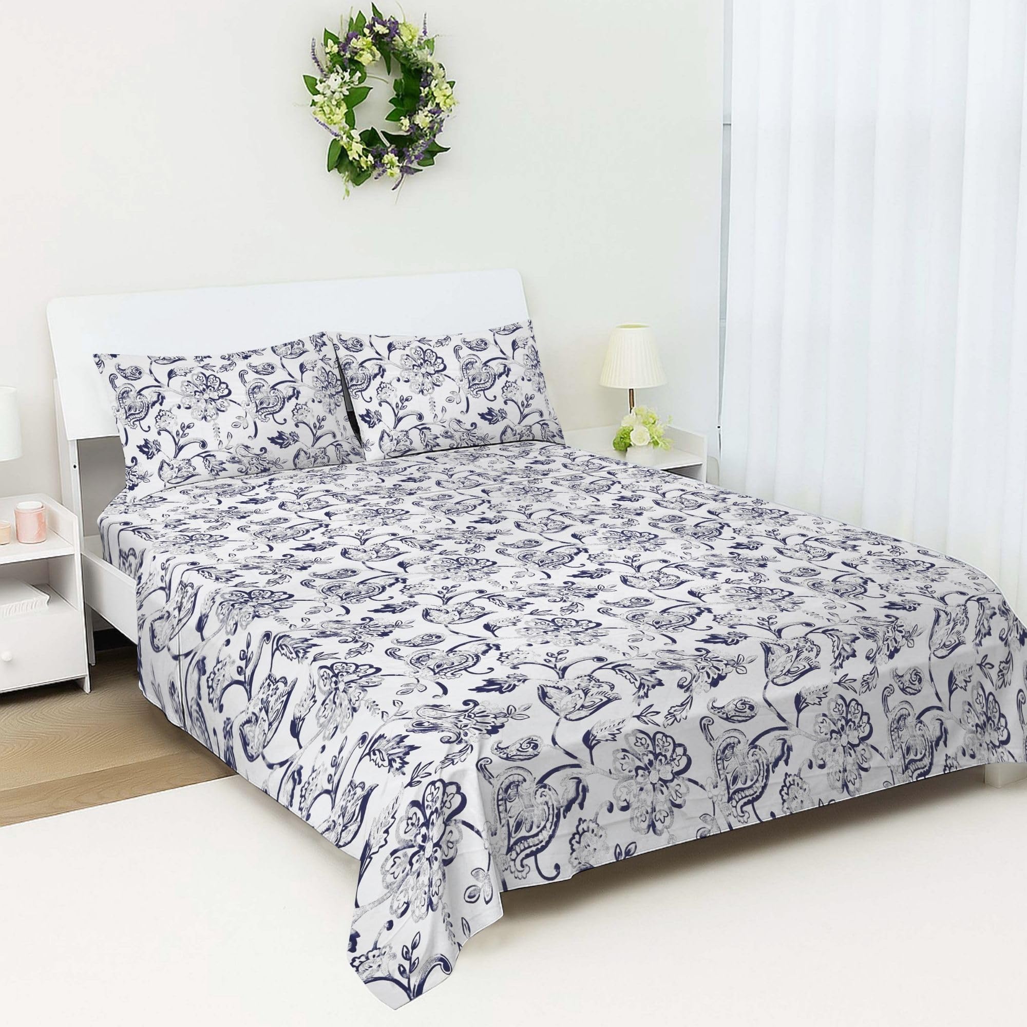 100% Egyptian Cotton Flat Sheet King Size | 400TC Cooling Luxury Top Sheet | Breathable Soft Floral Bed Linen | Hotel Quality Hypoallergenic Bedding | King Bed Machine Washable