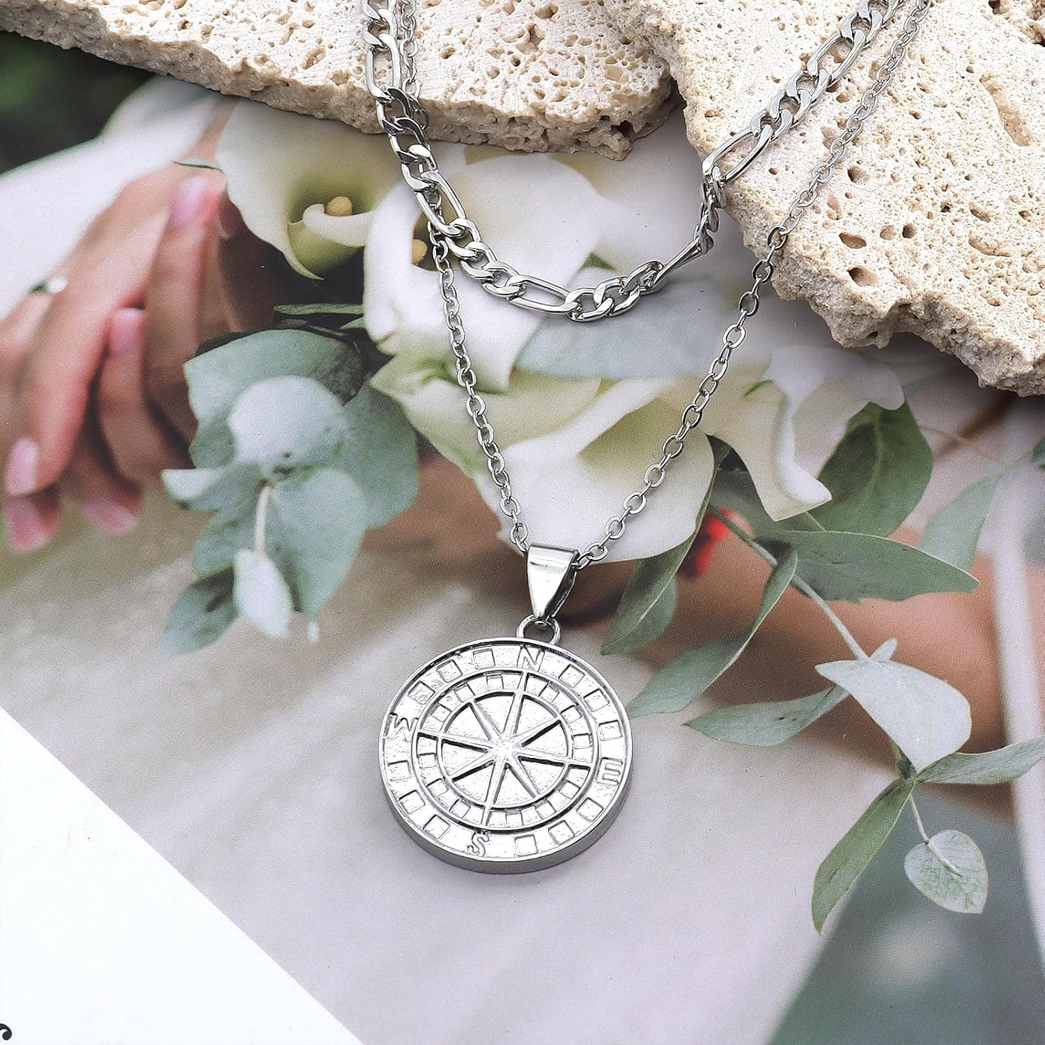 GIGB PBDK Layered Silver Compass Necklace for Women Men Stackable Twisted Figaro Compass Pendant Necklaces Adjustable Choker Necklaces Hip Hop Jewelry Gifts - Image 3