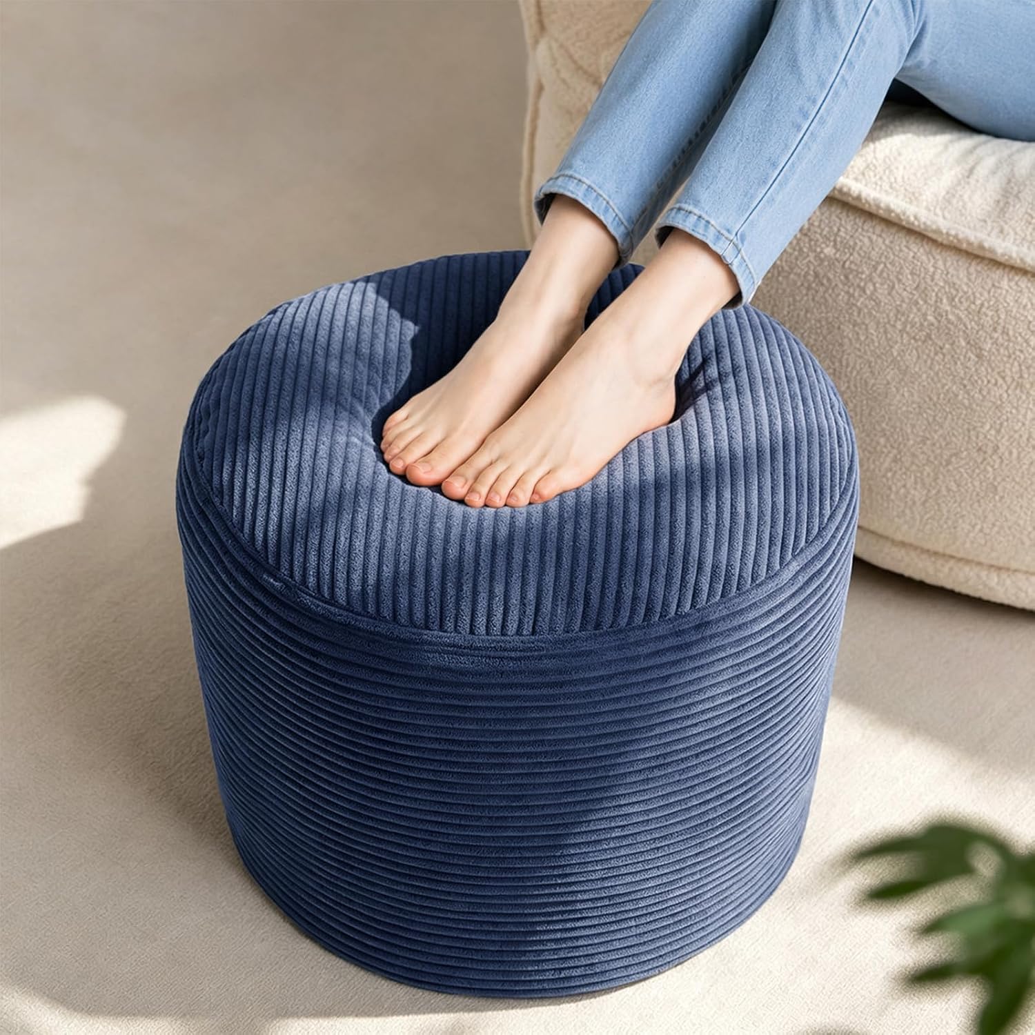 Stuffed Pouf Ottoman Foot Rest with 2.8-inch Solid Foam Base | Odorless Filling Resists Clumping, Washable Corduroy Cover, Round Foot Stool for Living Room Couch Lounging and Home Decor