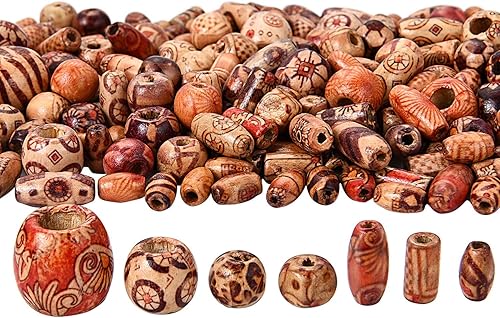 Bememo 400 cuentas de madera impresas de varias formas, cuentas de madera sueltas para hacer joyas, pulseras, collares, manualidades para el