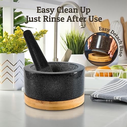 Miniatura 6 de Juego de mortero y mortero de alta resistencia con base de bambú, 4 tazas extragrandes, mortero de granito 100% natural y cuenco de molinillo de
