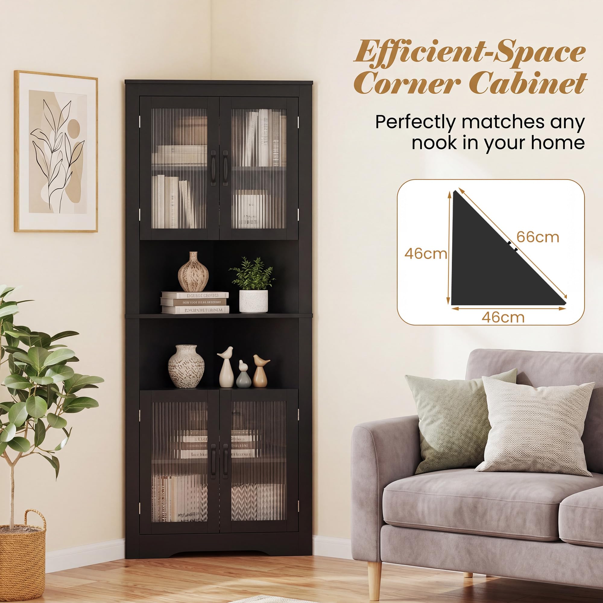 LIFEZEAL Mobile Bagno Angolare Salvaspazio, Armadio Bagno ad Angolo 66 x 35 x 171 cm, Credenza Cucina, Dispensa, con 6 Scomparti, 4 ante e 2 Ripiani Aperti, per Soggiorno, Cucina (Nero)
