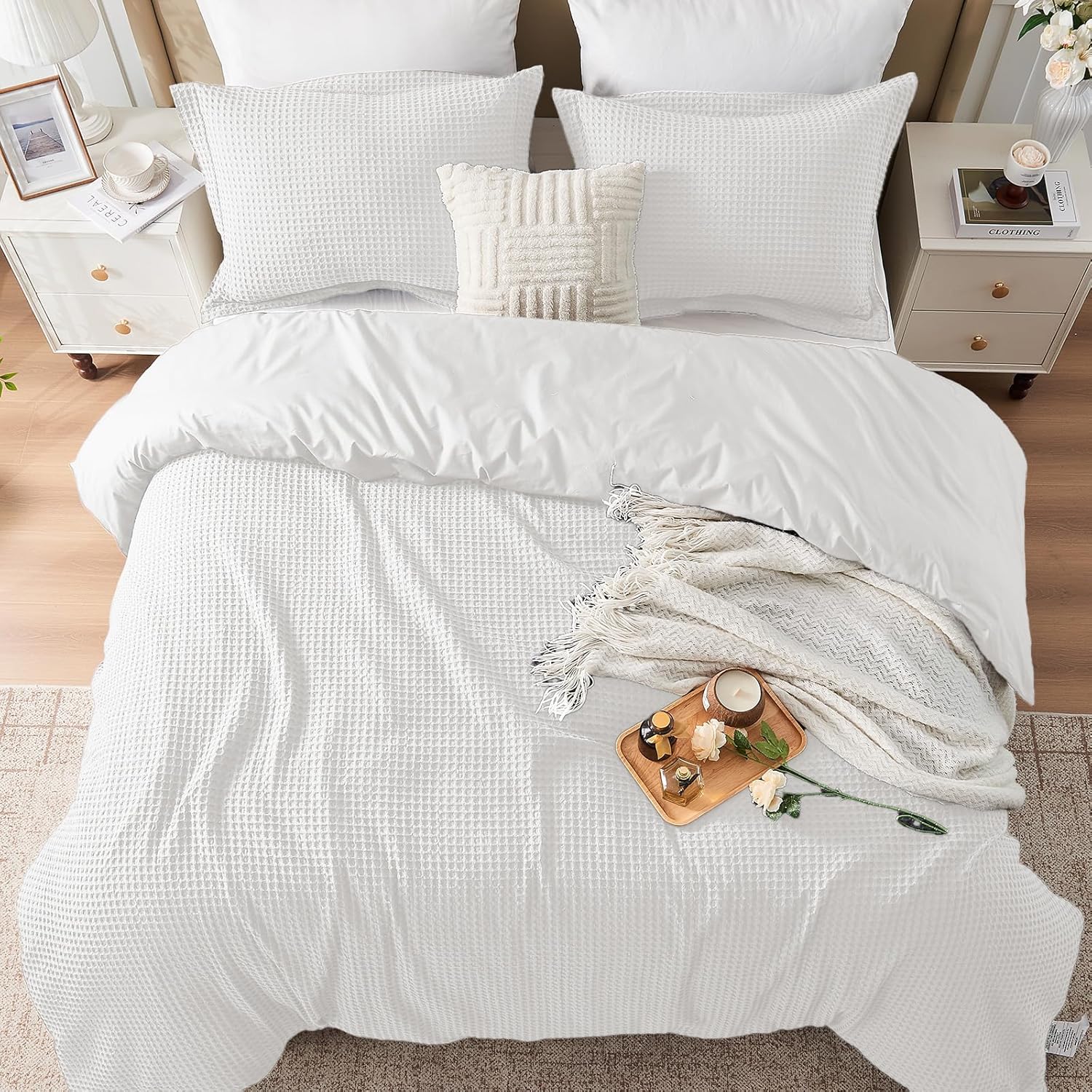Waffle Weave Cotton Duvet Cover Queen Size, 100% Cotton 3 Pieces Duvet Cover Set, Soft and Breathable Comfy Bedding Set with Zipper Closure and Corner Ties, Cloud White