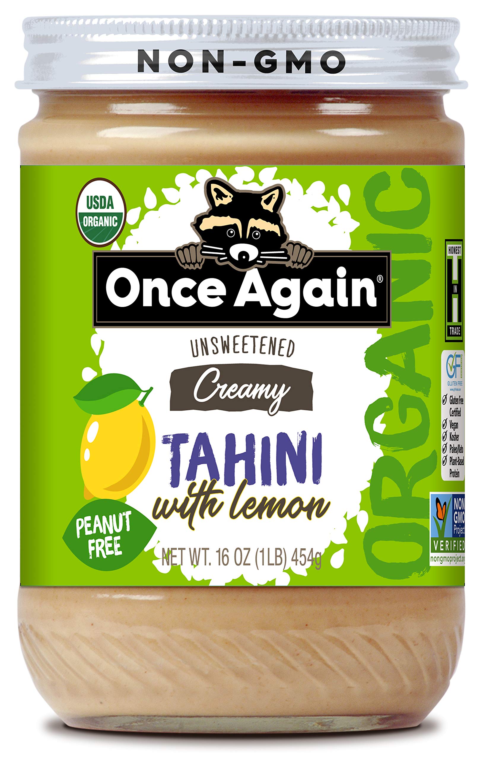 Once AgainOrganic Sesame Tahini with Lemon, 16oz - Salt Free, Unsweetened - USDA Organic, Gluten Free, Vegan, Kosher, Peanut Free - Glass JarUSDA Organic