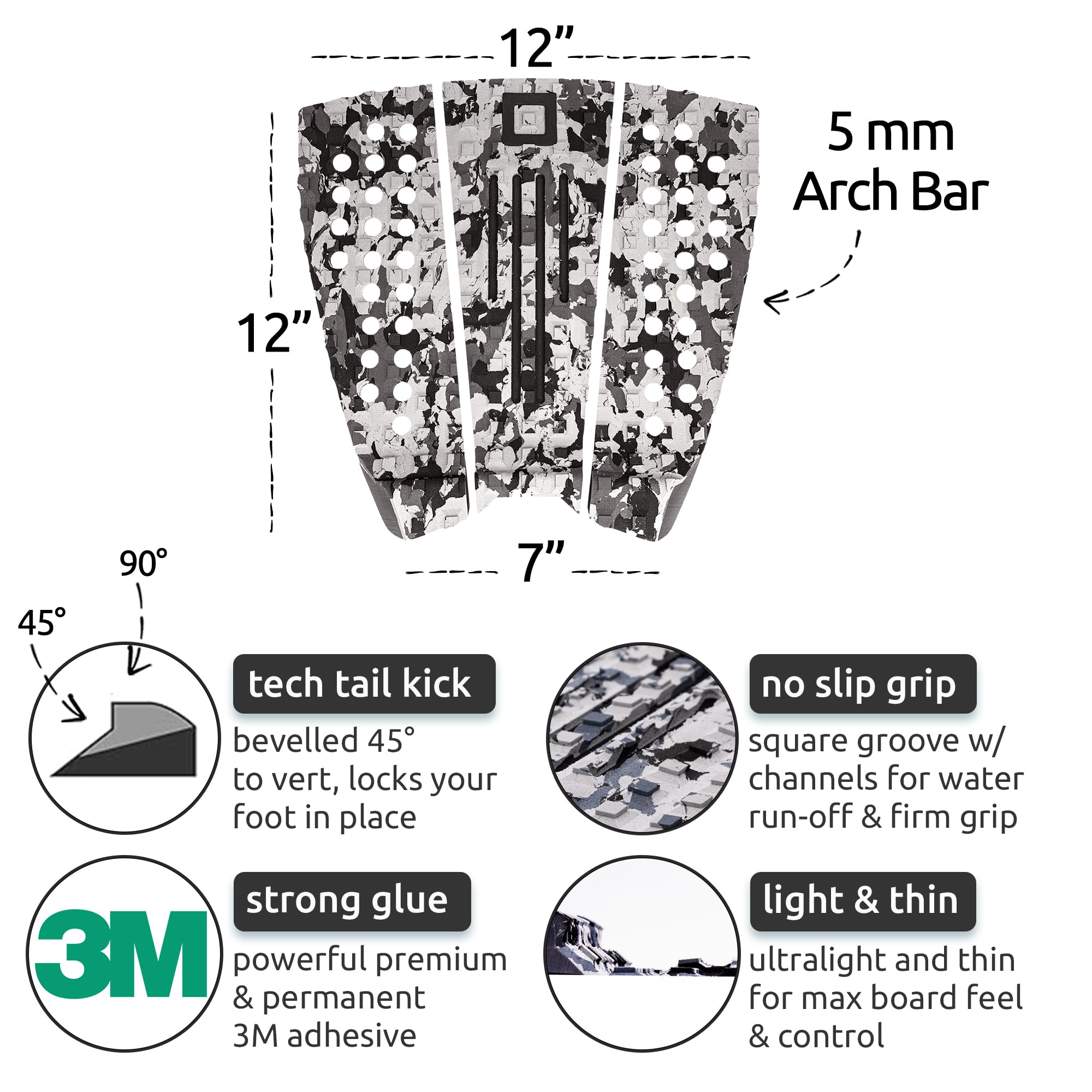 Almohadilla de tracción de 3 piezas, arco, plano o frontal, máximo agarre, adhesivo 3M súper fuerte, se adapta a todas las tablas de surf: Shortboard, Fish, Longboard, SUP, Skimboard,