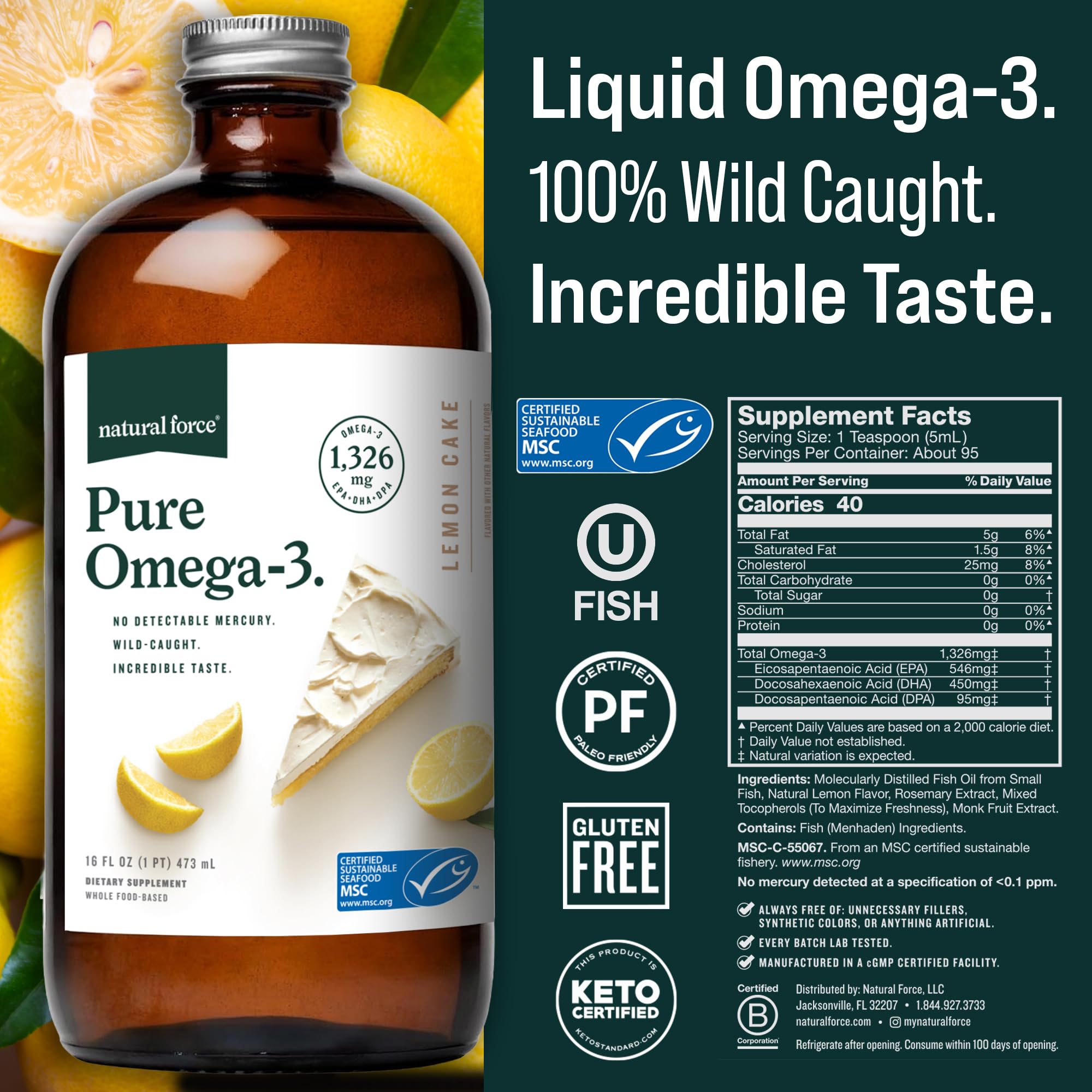 Natural Force Pure Omega 3 - Liquid Fish Oil - Delicious Lemon Cake Flavor - Mercury Free, Wild Caught, Lab Tested - 1,326 mg Triglyceride EPA, DHA, & DPA - 16 Oz Glass Bottle — Amazon image 3