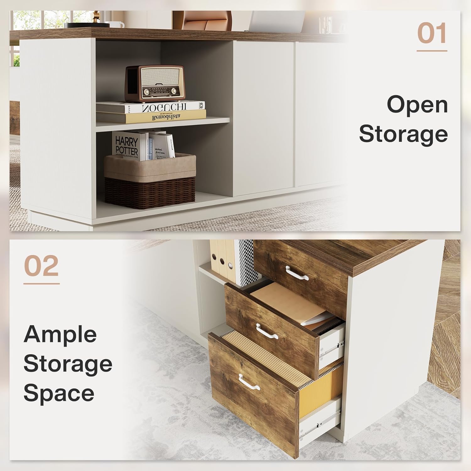 ക്ലോസ് അപ്പ് view of the open storage shelves and drawers of the Tribesigns L-Shaped Executive Desk, showing binders, baskets, and file ഫോൾഡറുകൾ.