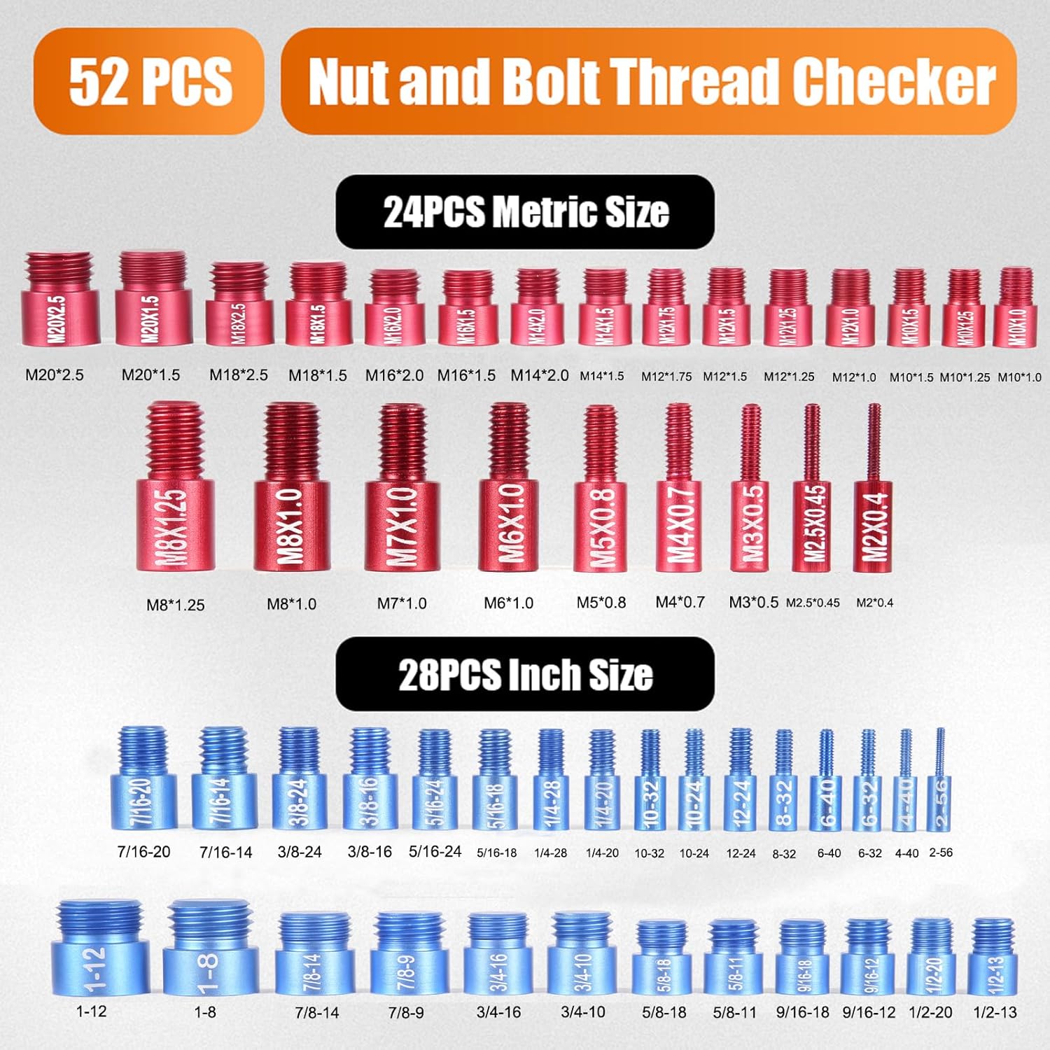 52PCS Thread Checker,Nut and Bolt Thread Checker(28 Standard & 24 Metric),Box Set Thread Gauge,Nut and Bolt Thread Checker Set for Size Check in Narrow Areas
