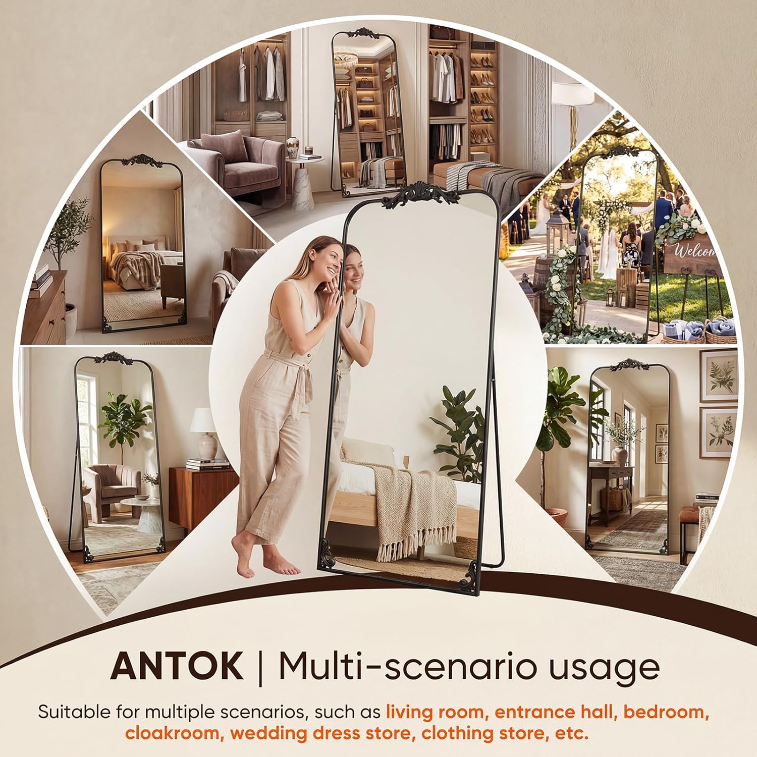 Antok Arched Full Length Mirror, 32"x71" Floor Mirror with Carved, Full Body Mirrors for HomeDecor, Standing/Halling Large Wall Mirror for Bedroom, Living Room, Cloakroom, Black, Luxury Style - Image 9