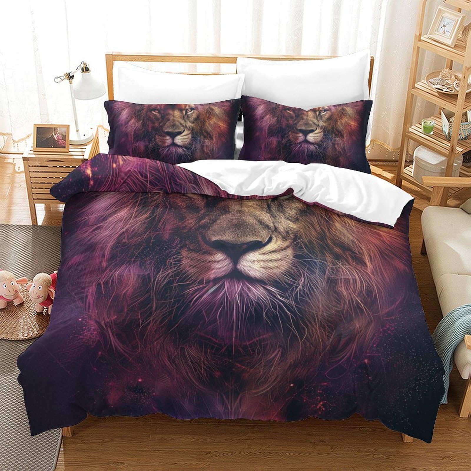 Housse de couette lion 3D 200x200 microfbre avec 2 taies d'oreiller pour lit double
