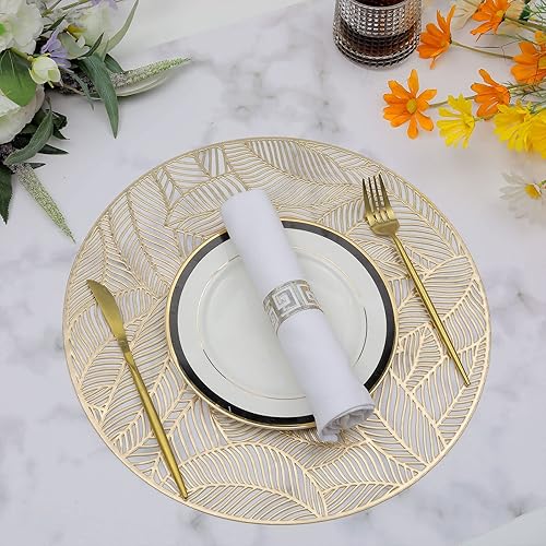 Miniatura 6 de U'Artlines Paquete de 6 manteles individuales redondos de vinilo prensado metálico, manteles individuales laminados con hojas laminadas,
