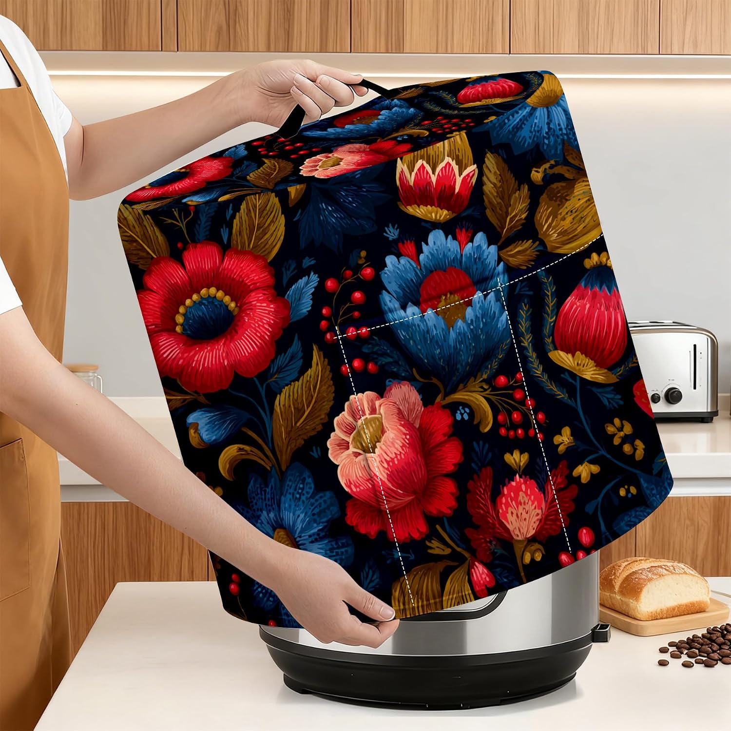 Kitchen Appliance Dust Cover for 6 Quart Instant Pot, Crock Pot, Pressure Cooker, Air Fryer - Decorative Dust Cover with Top Handle & Storage Pockets (Red and Blue Flowers, 6 Quart)
