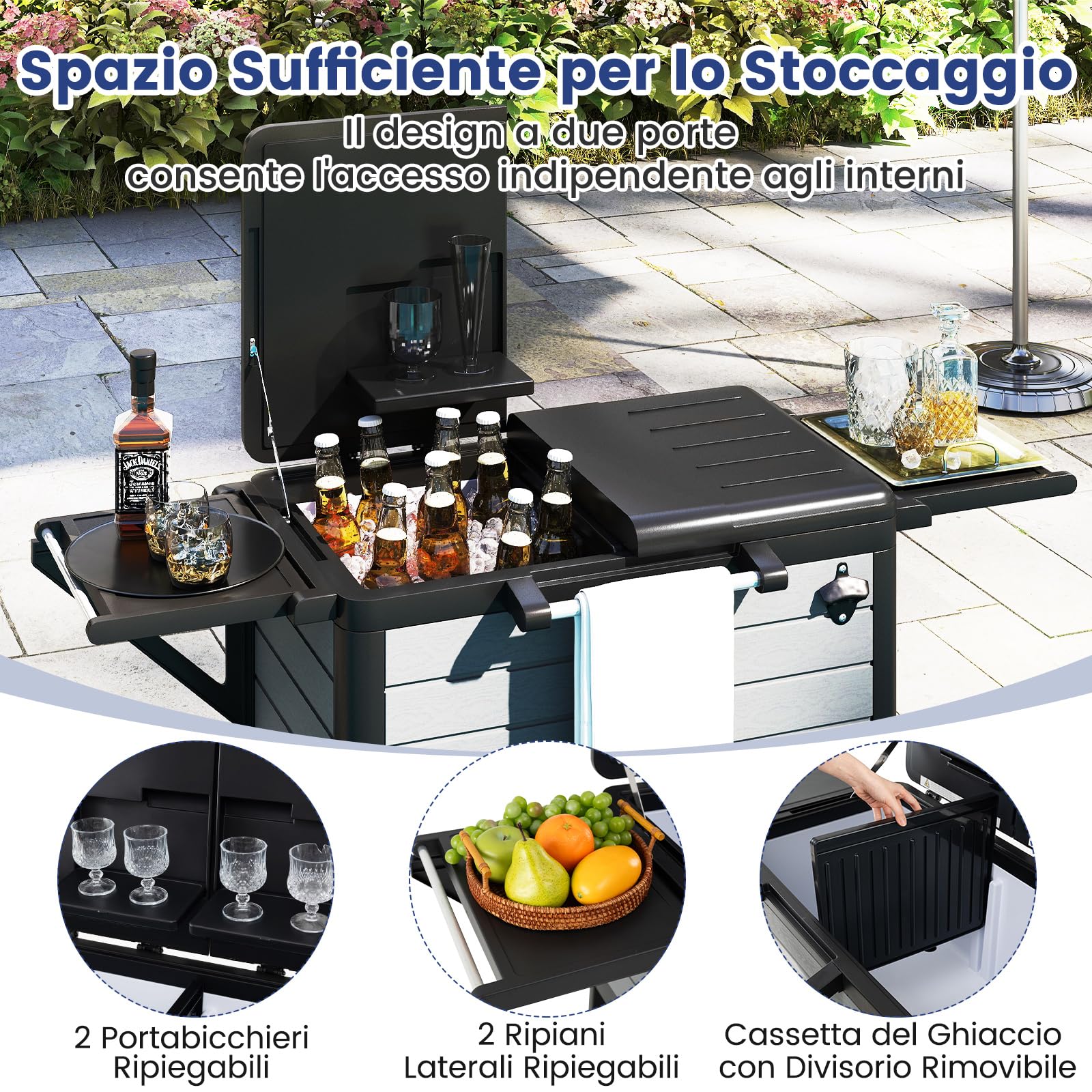 COSTWAY Carrello Porta Ghiaccio su Ruote 83 x 50 x 85 cm, Carrello Refrigerante con Ripiani di Stoccaggio e Apribottiglie, Portata 91 L, Frigorifero Portavivande da Esterno per Feste e Barbecue