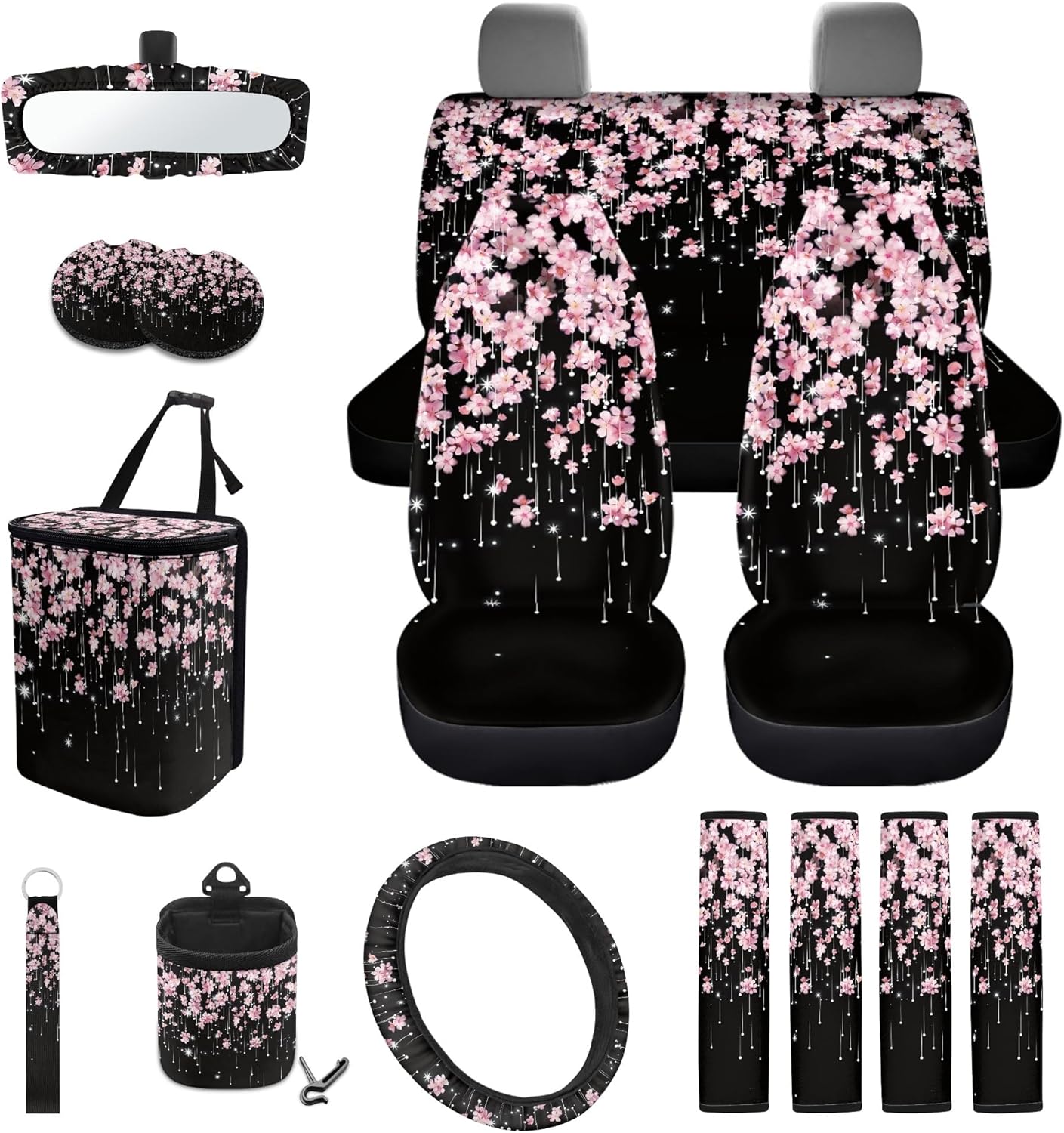 CLOHOMIN Cherry Blossom Car Seat Cover Set of 15 Pink Steering Wheel Cover Seat Belt Strap Cover Trash Cans Rear View Mirror Cover Cup Coaster Keychain Air Vent Storage Bag Universal Fit