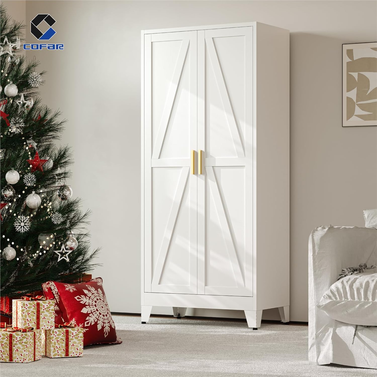 Diagram showing two installation methods for the COFaR Metal Wardrobe Closet, with the hanging rod on the left or right side.