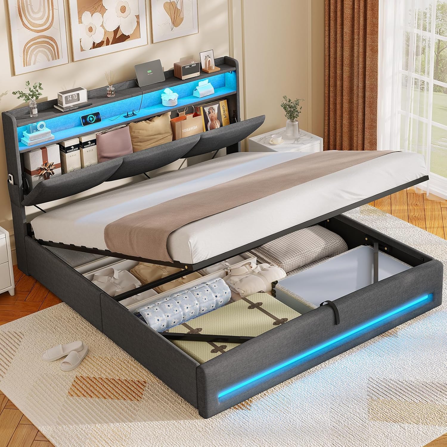 AGOLLATI Letto Contenitore Matrimoniale, Letto 140x190 cm con Illuminazione LED e Stazione di Ricarica, Letto Matrimoniale con Sollevamento Idraulico, Testiera Imbottita con Contenitore, Grigio Scuro