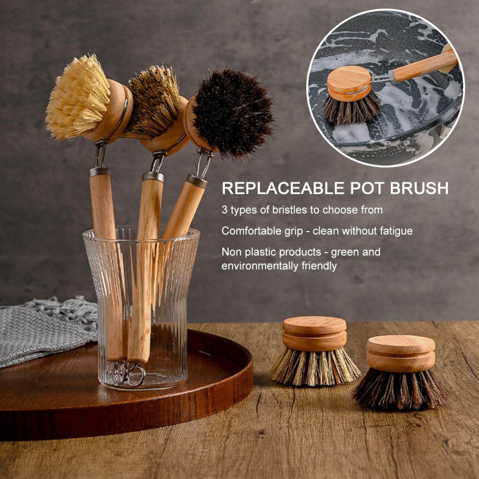 Cepillo para Platos reemplazable con Mango de Madera, quitamanchas, Cepillo portátil para Fregar y Limpiar el hogar, Accesorios de Cocina (Pelo de sisal)