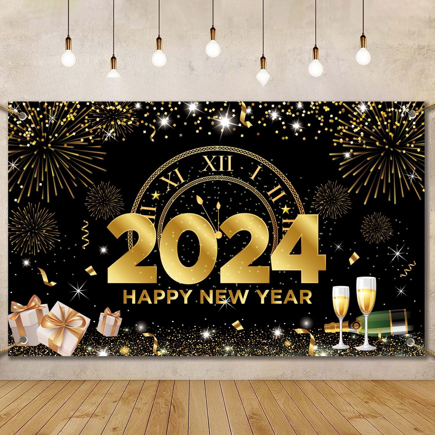 Happy New Year Banner 2024 Extra Large 73x43 Inch, Black and Gold Happy ...