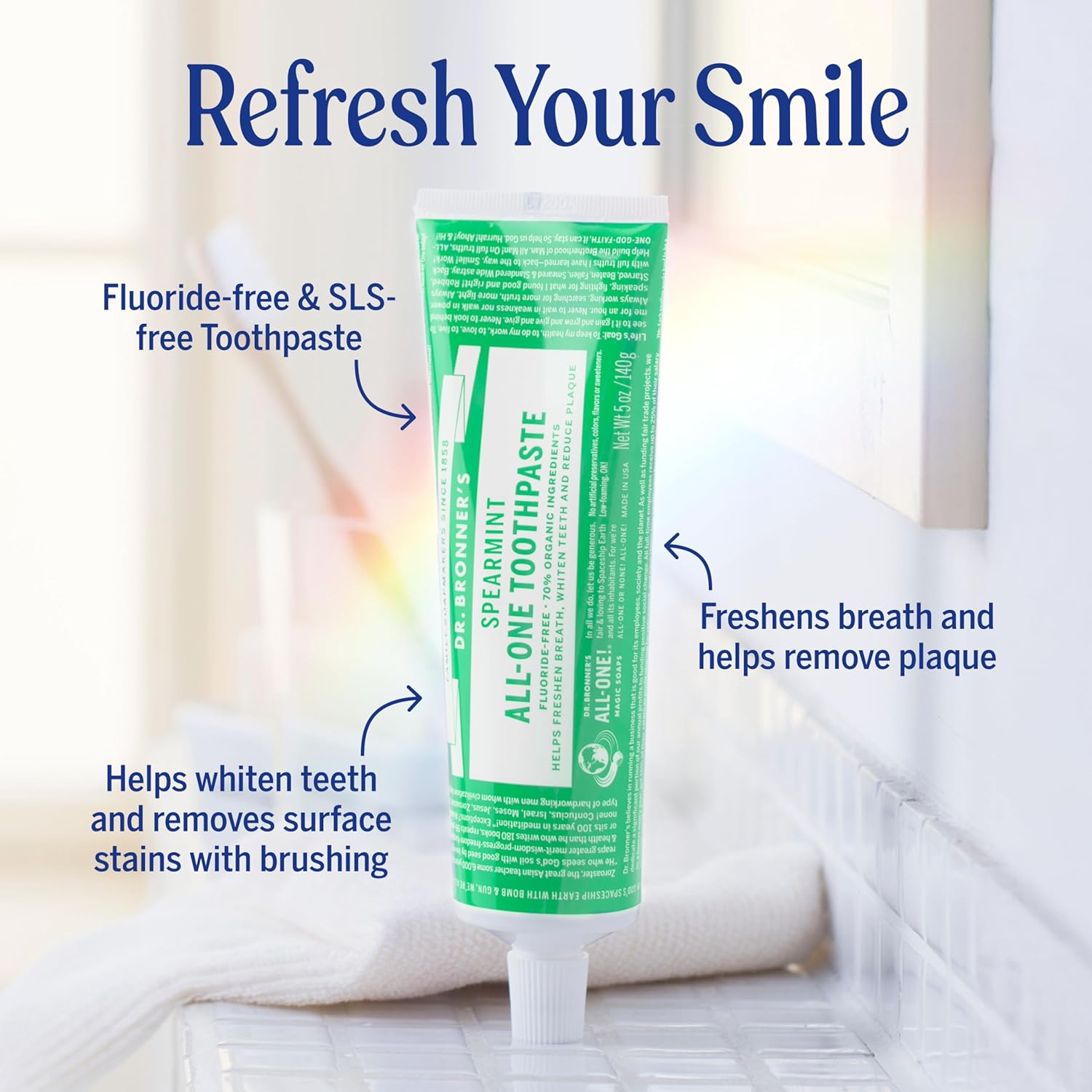 Dr. Bronner’s All-One Toothpaste Pack of 3– Spearmint, 5 oz– Fluoride-Free Toothpaste for Adults, SLS-Free, 70% Organic & Natural Ingredients, Vegan, Helps Freshen Breath & Reduce Plaque