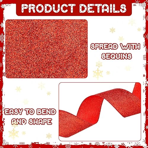 Miniatura 3 de Cindeer 2 rollos de cinta de Navidad con borde con alambre con purpurina para regalos, guirnalda, tarjetas, coronas, fiestas, hogar (rojo, 2.5