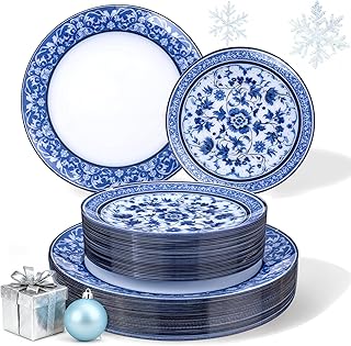 Hioasis 60pcs Blue Plastic Plates Set - Floral Blue & White Porcelain Design, 10.25" Dinner & 7.5" Dessert Plates Disposable for Christmas (Dishwasher Safe, Art Style)